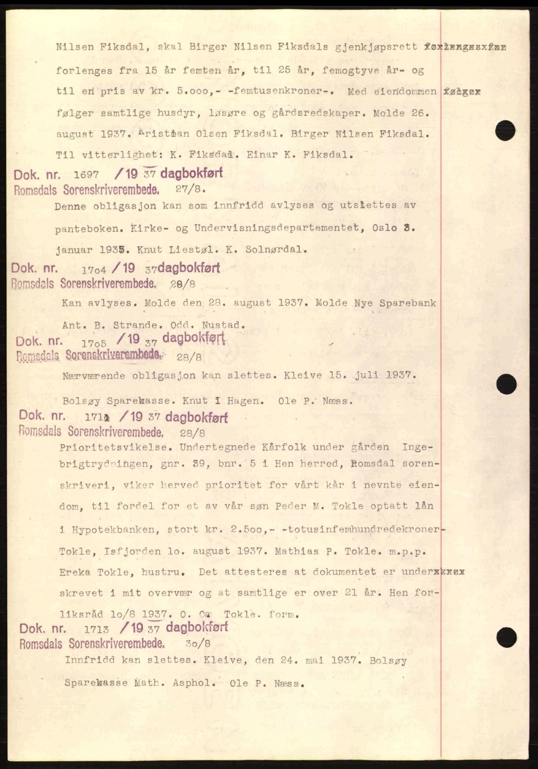 Romsdal sorenskriveri, AV/SAT-A-4149/1/2/2C: Mortgage book no. C1a, 1936-1945, Diary no: : 1697/1937