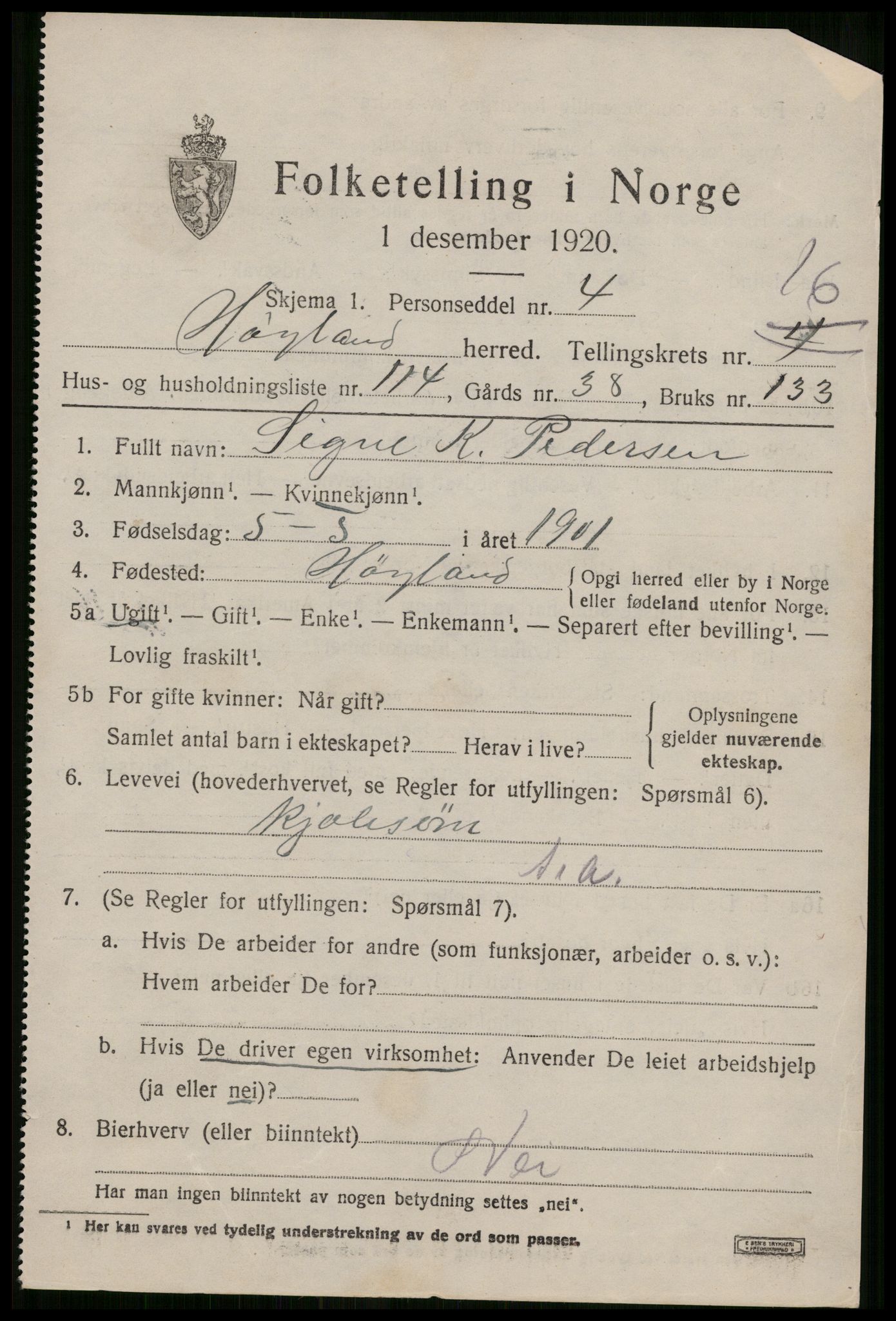 SAST, 1920 census for Høyland, 1920, p. 15598