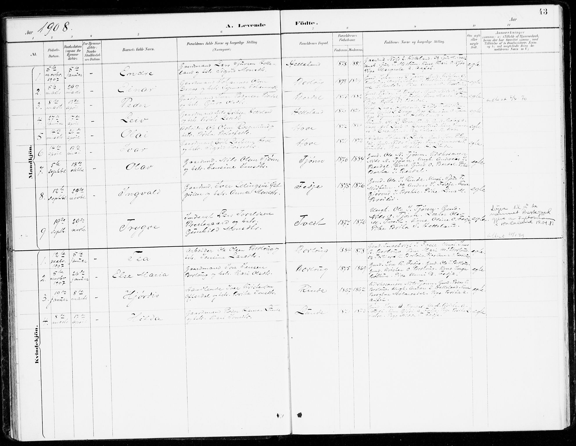 Leikanger sokneprestembete, AV/SAB-A-81001/H/Haa/Haad/L0001: Parish register (official) no. D 1, 1887-1922, p. 43