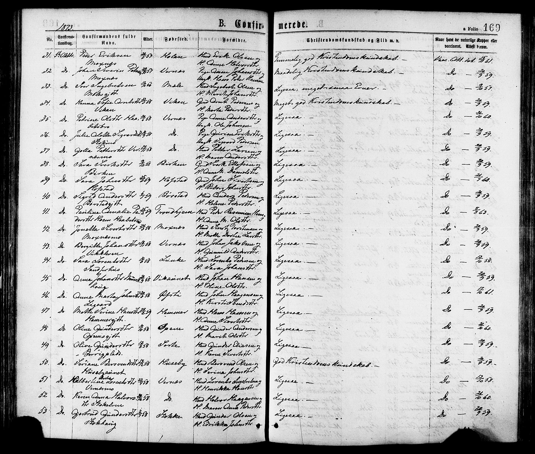 Ministerialprotokoller, klokkerbøker og fødselsregistre - Nord-Trøndelag, AV/SAT-A-1458/709/L0076: Parish register (official) no. 709A16, 1871-1879, p. 169