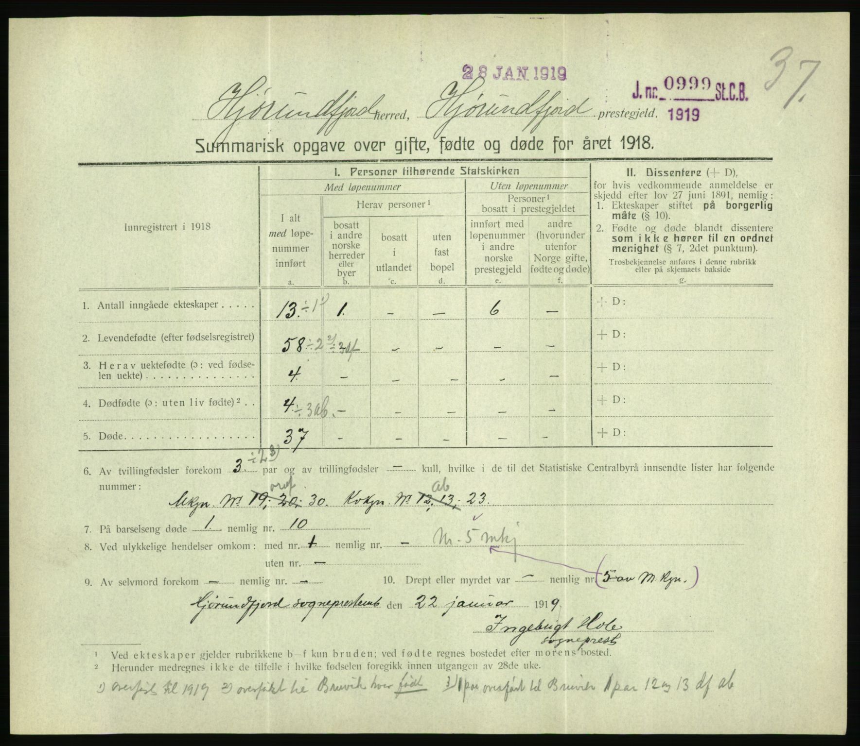 Statistisk sentralbyrå, Sosiodemografiske emner, Befolkning, RA/S-2228/D/Df/Dfb/Dfbh/L0059: Summariske oppgaver over gifte, fødte og døde for hele landet., 1918, p. 1131