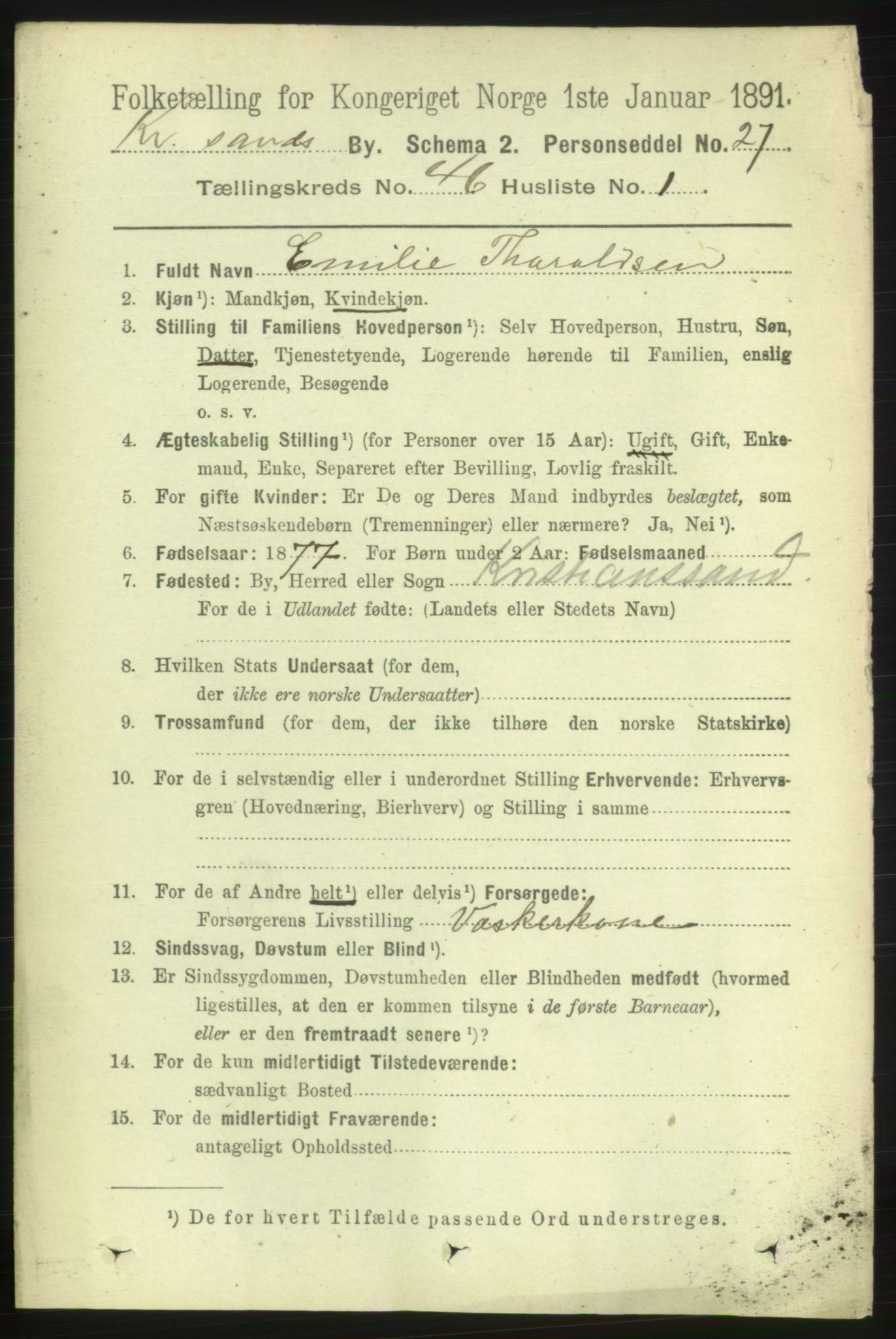 RA, 1891 census for 1001 Kristiansand, 1891, p. 14026