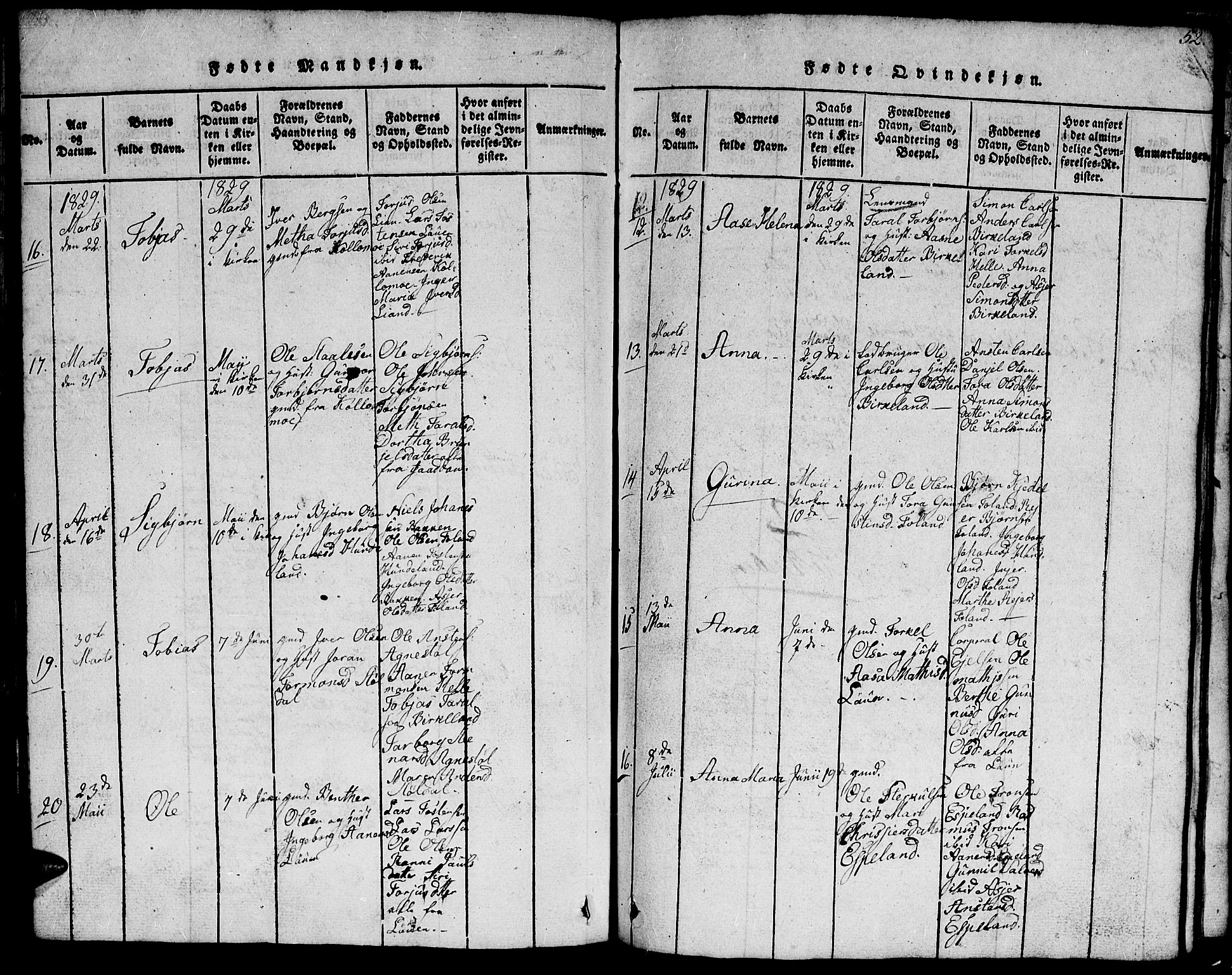 Hægebostad sokneprestkontor, AV/SAK-1111-0024/F/Fb/Fba/L0001: Parish register (copy) no. B 1, 1815-1844, p. 52