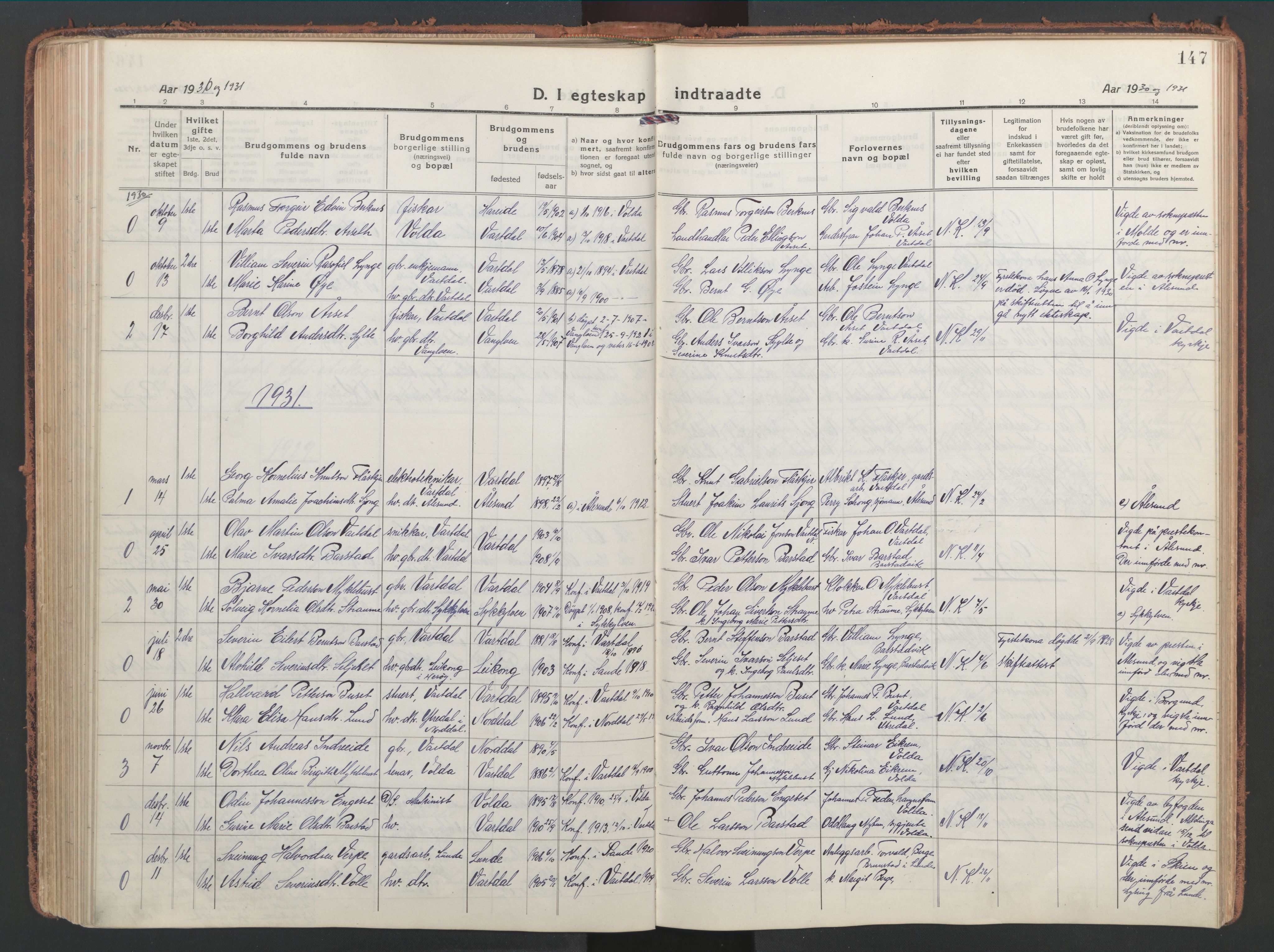 Ministerialprotokoller, klokkerbøker og fødselsregistre - Møre og Romsdal, AV/SAT-A-1454/514/L0202: Parish register (copy) no. 514C02, 1916-1944, p. 147