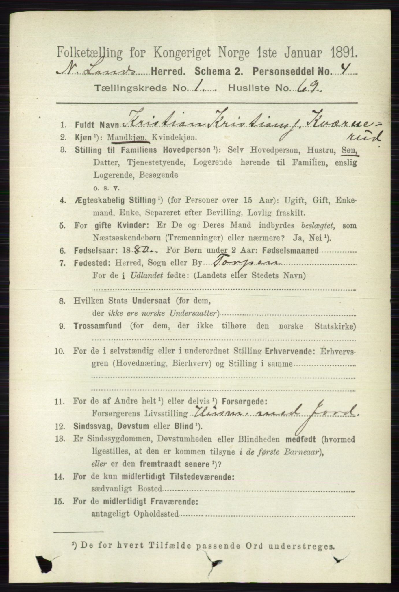 RA, 1891 census for 0538 Nordre Land, 1891, p. 526