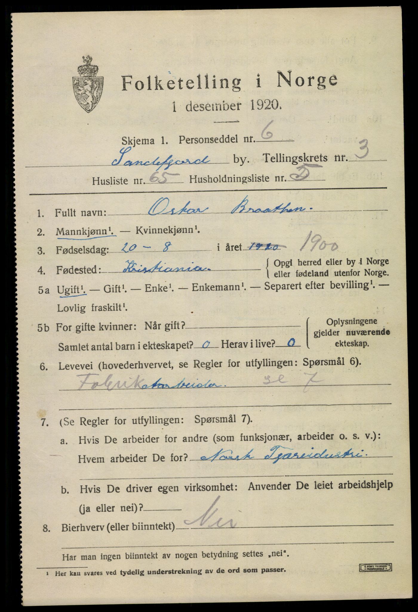 SAKO, 1920 census for Sandefjord, 1920, p. 7410