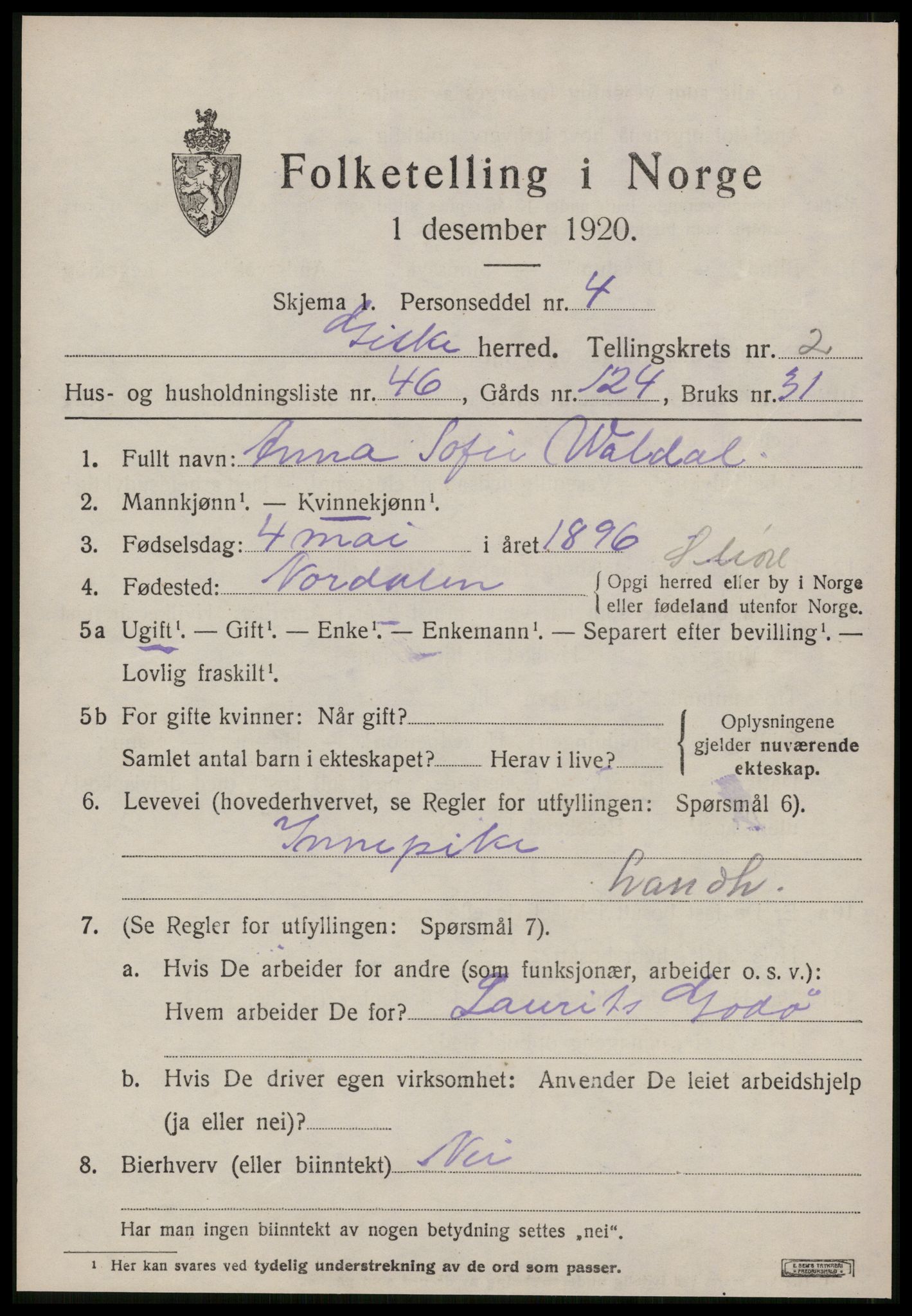 SAT, 1920 census for Giske, 1920, p. 1636
