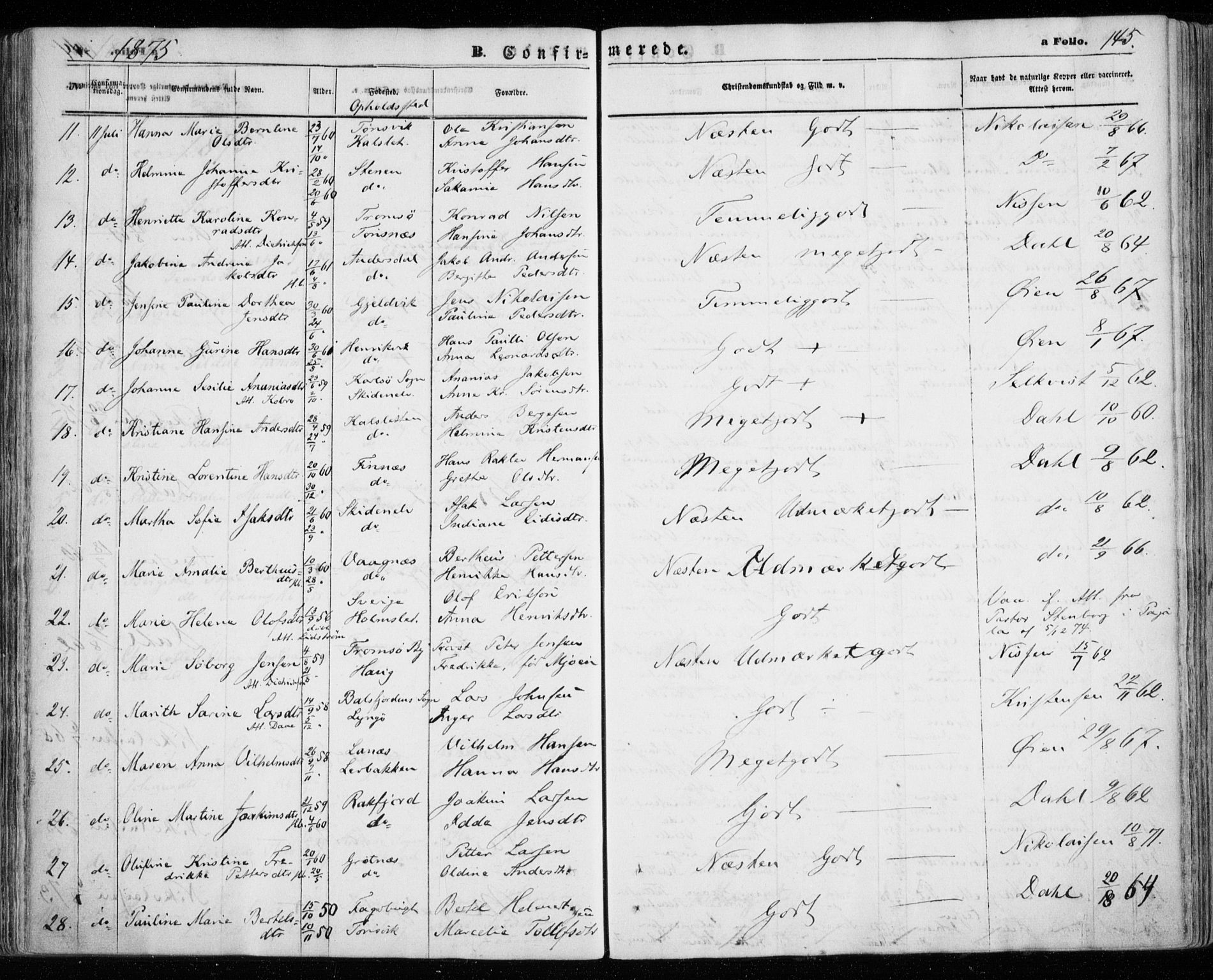 Tromsøysund sokneprestkontor, AV/SATØ-S-1304/G/Ga/L0002kirke: Parish register (official) no. 2, 1867-1875, p. 145