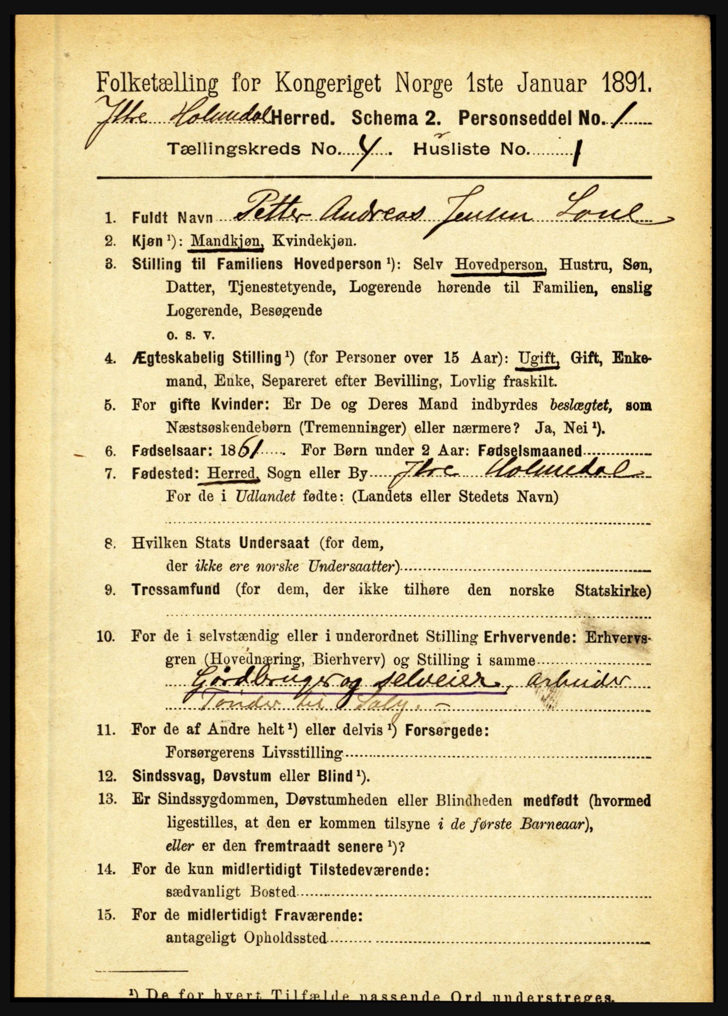 RA, 1891 census for 1429 Ytre Holmedal, 1891, p. 899