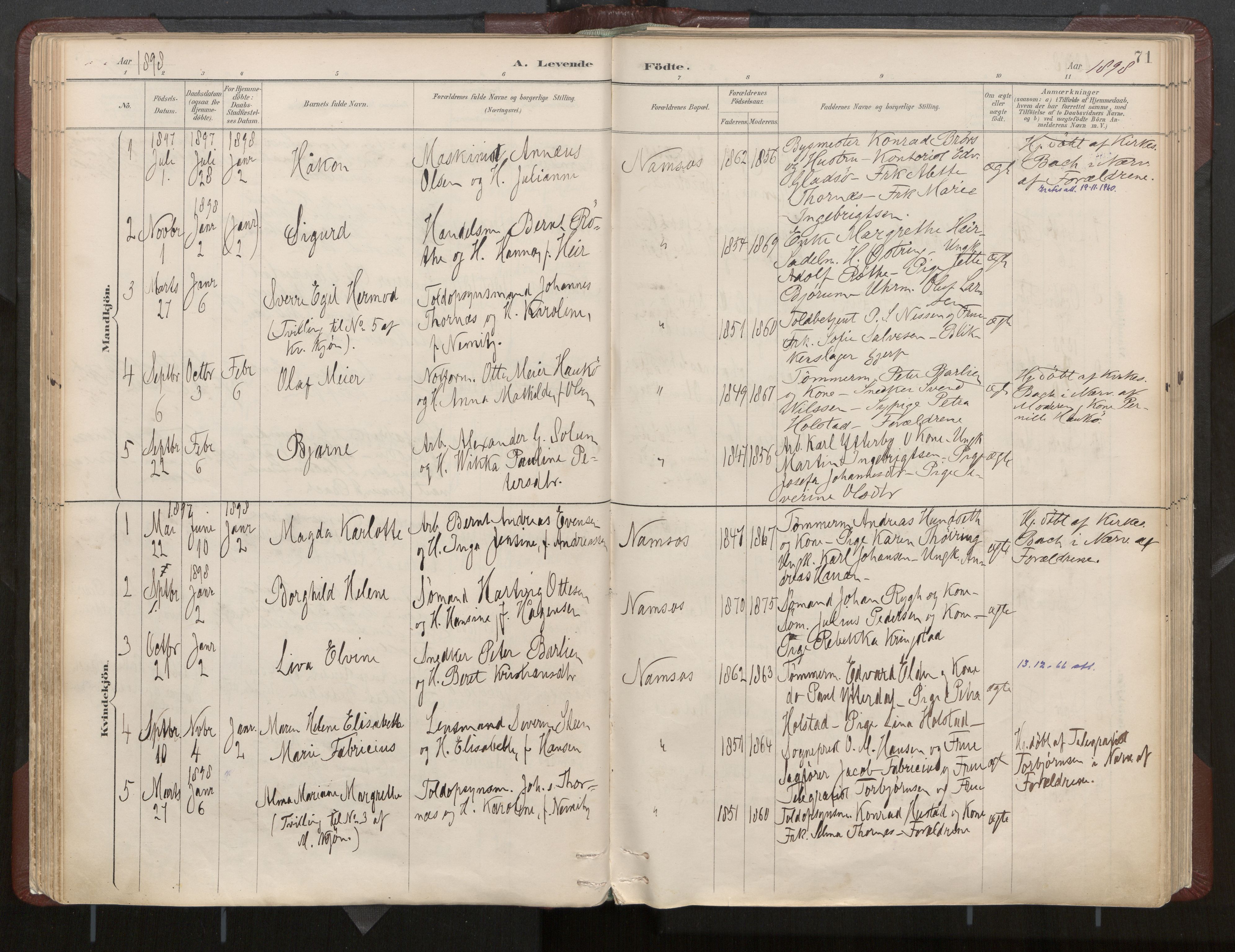 Ministerialprotokoller, klokkerbøker og fødselsregistre - Nord-Trøndelag, AV/SAT-A-1458/768/L0574: Parish register (official) no. 768A08, 1887-1927, p. 71
