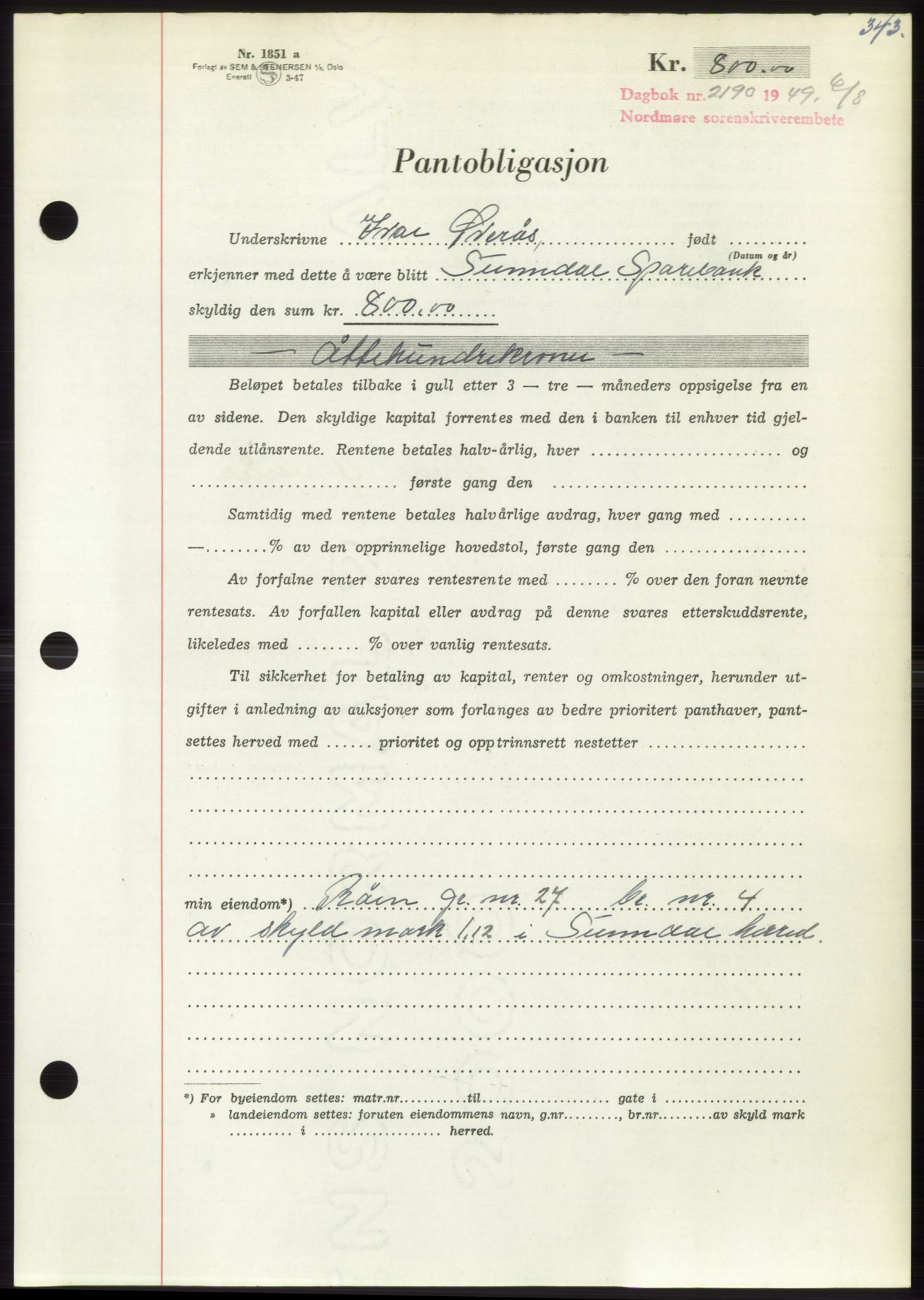 Nordmøre sorenskriveri, AV/SAT-A-4132/1/2/2Ca: Mortgage book no. B102, 1949-1949, Diary no: : 2190/1949