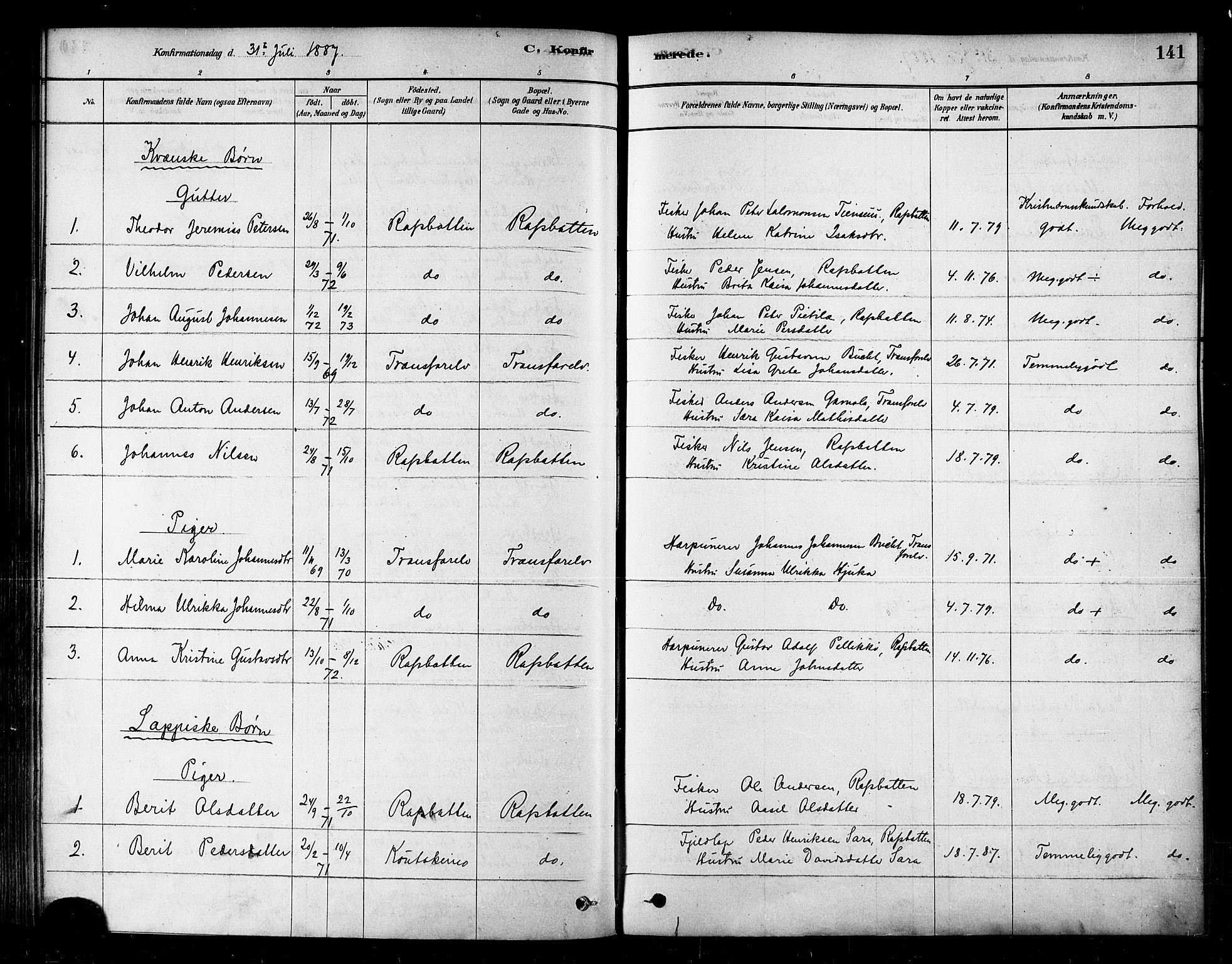 Alta sokneprestkontor, SATØ/S-1338/H/Ha/L0002.kirke: Parish register (official) no. 2, 1879-1892, p. 141