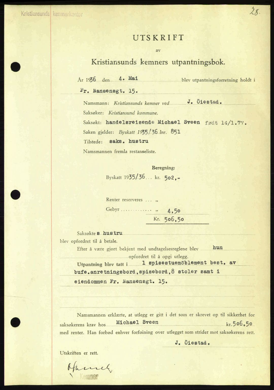 Kristiansund byfogd, AV/SAT-A-4587/A/27: Mortgage book no. 29, 1936-1937, Diary no: : 326/1936