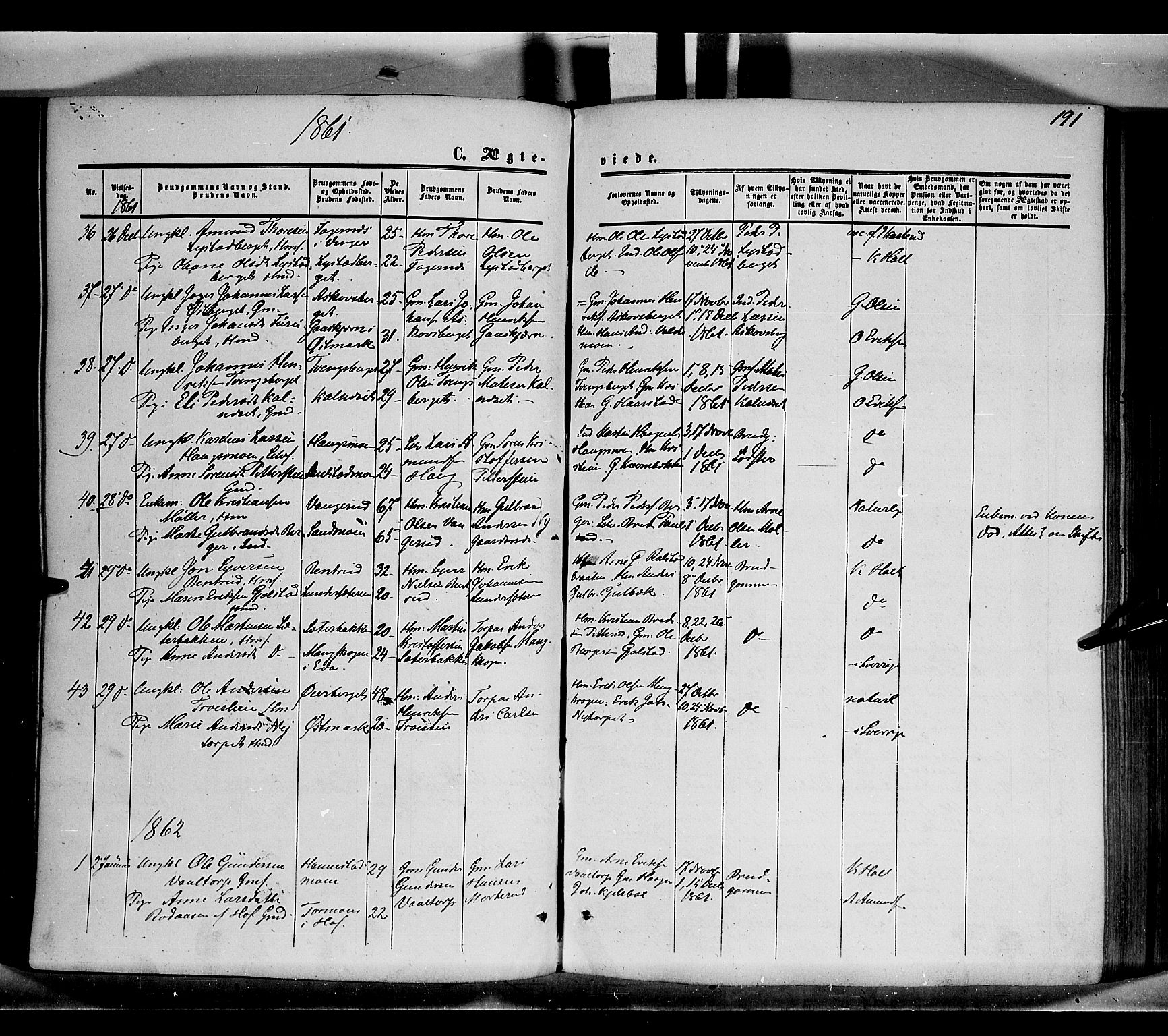 Grue prestekontor, SAH/PREST-036/H/Ha/Haa/L0009: Parish register (official) no. 9, 1859-1863, p. 191