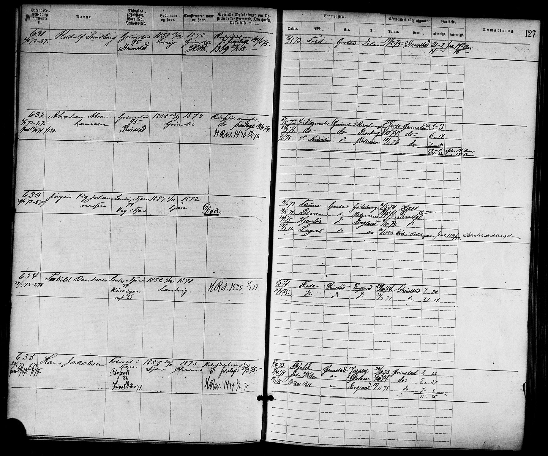 Grimstad mønstringskrets, SAK/2031-0013/F/Fa/L0001: Annotasjonsrulle nr 1-1920 med register, F-1, 1870-1892, p. 149