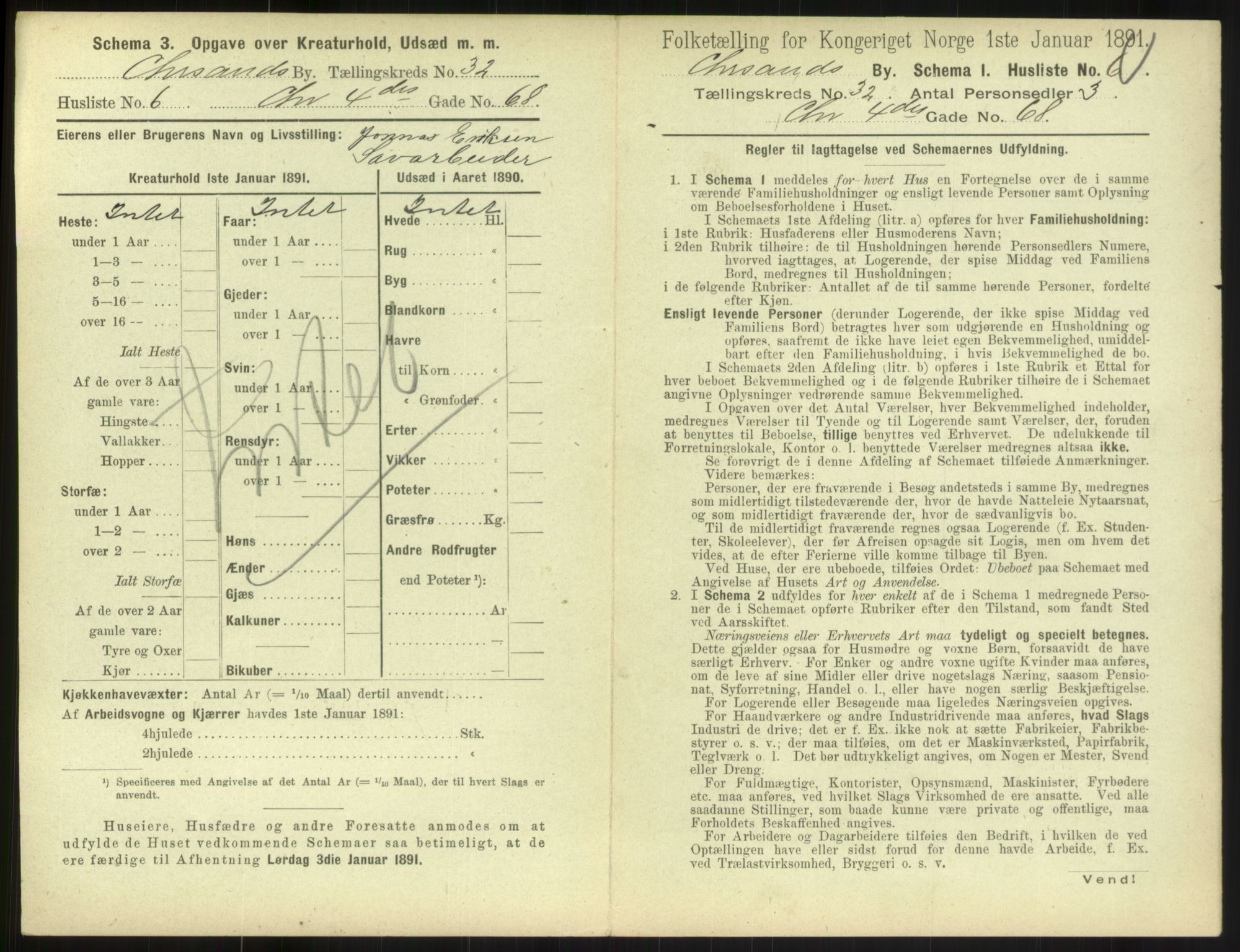 RA, 1891 census for 1001 Kristiansand, 1891, p. 1706