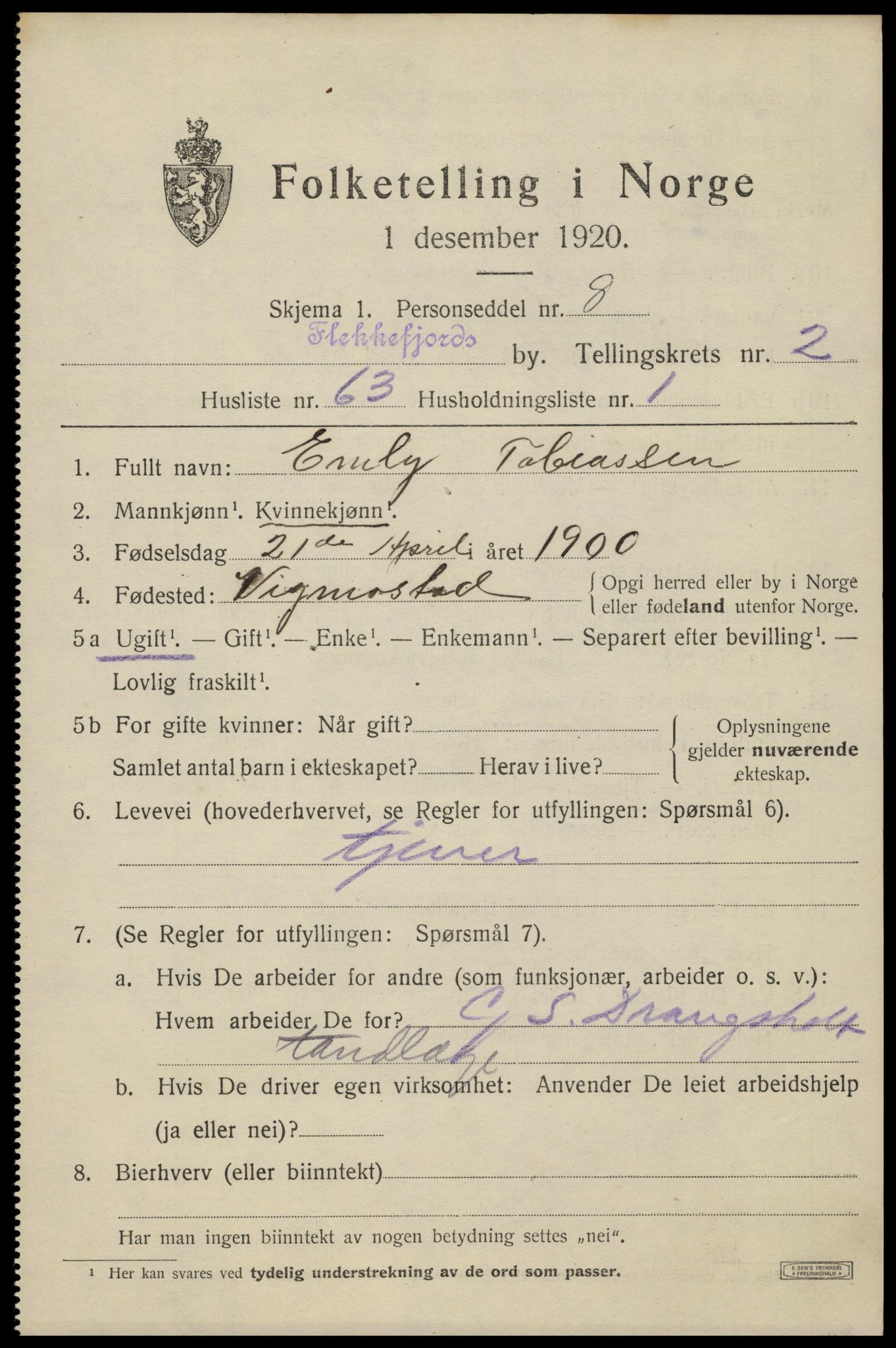 SAK, 1920 census for Flekkefjord, 1920, p. 3252