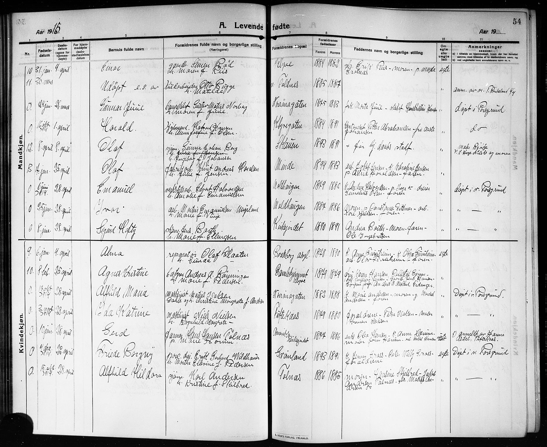 Solum kirkebøker, SAKO/A-306/G/Ga/L0009: Parish register (copy) no. I 9, 1909-1922, p. 54
