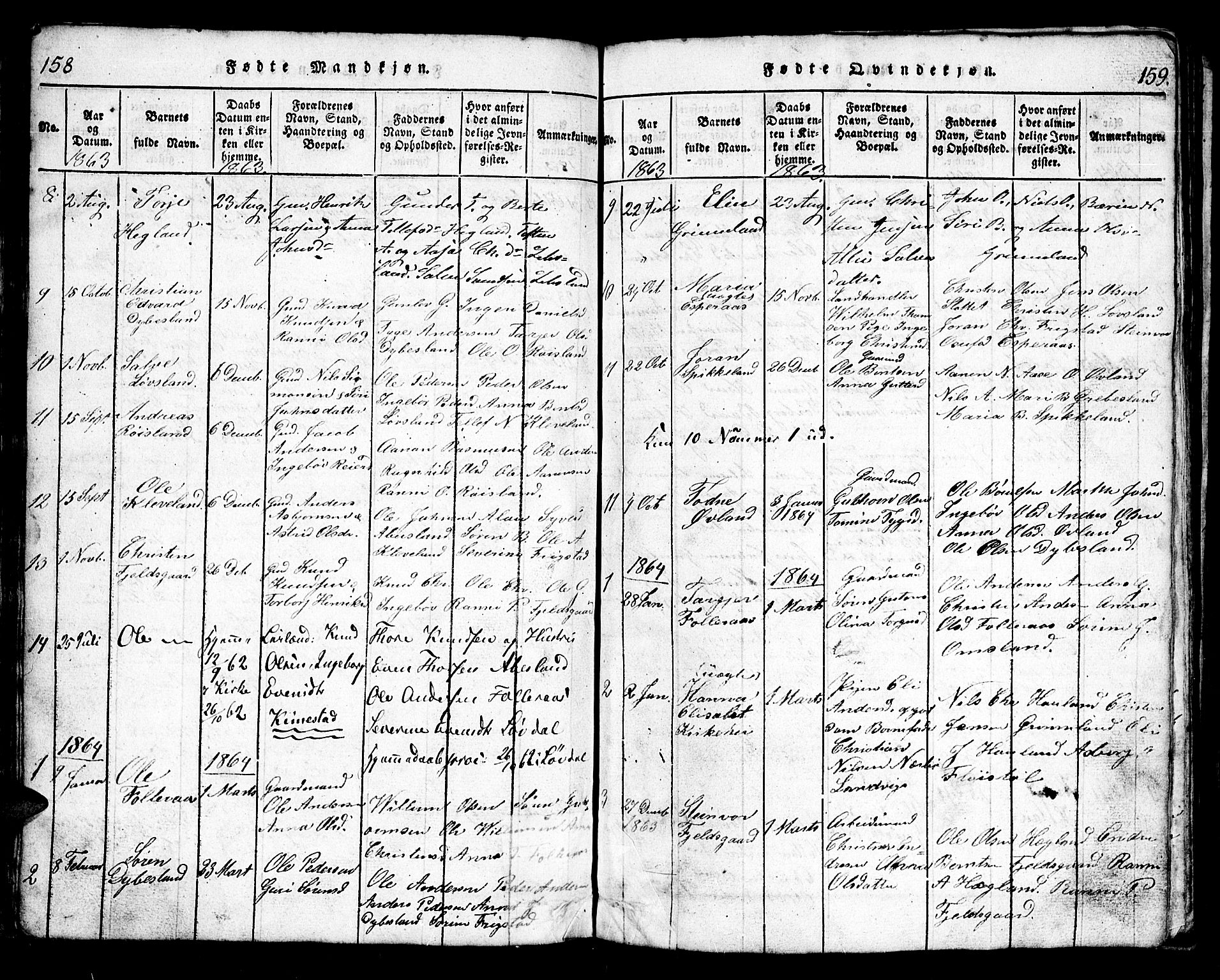 Bjelland sokneprestkontor, AV/SAK-1111-0005/F/Fb/Fbb/L0003: Parish register (copy) no. B 3, 1816-1868, p. 158-159