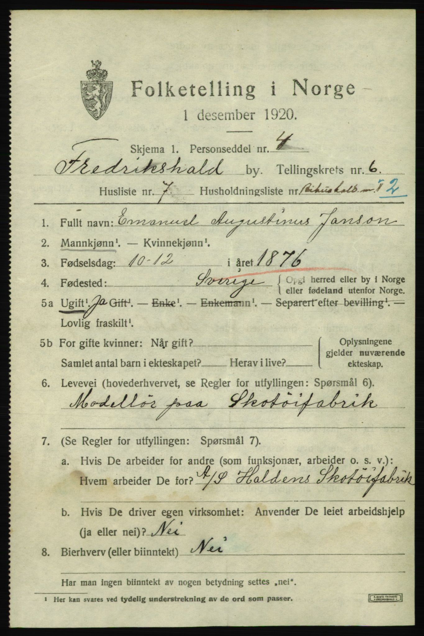 SAO, 1920 census for Fredrikshald, 1920, p. 12942