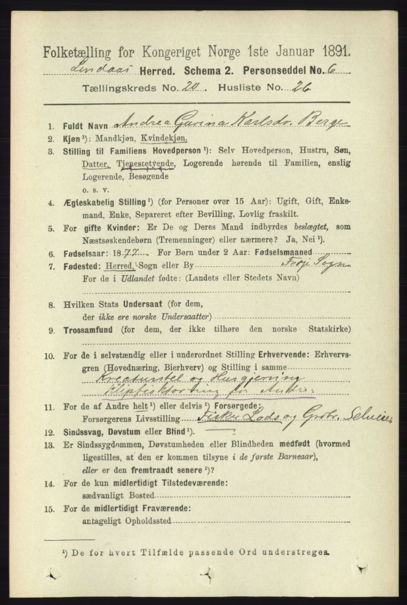 RA, 1891 census for 1263 Lindås, 1891, p. 7513