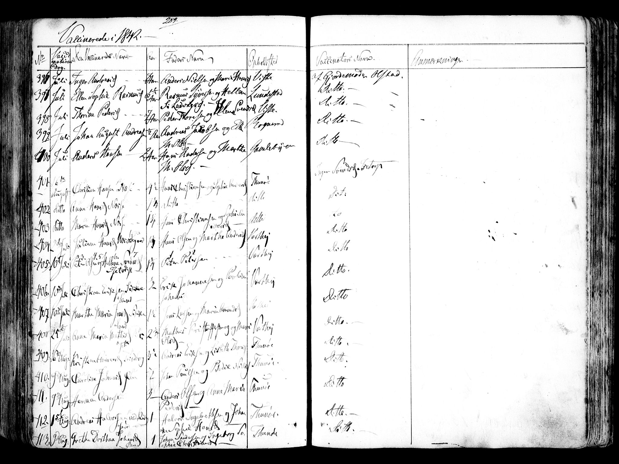 Tune prestekontor Kirkebøker, AV/SAO-A-2007/F/Fa/L0009: Parish register (official) no. 9, 1842-1846, p. 289