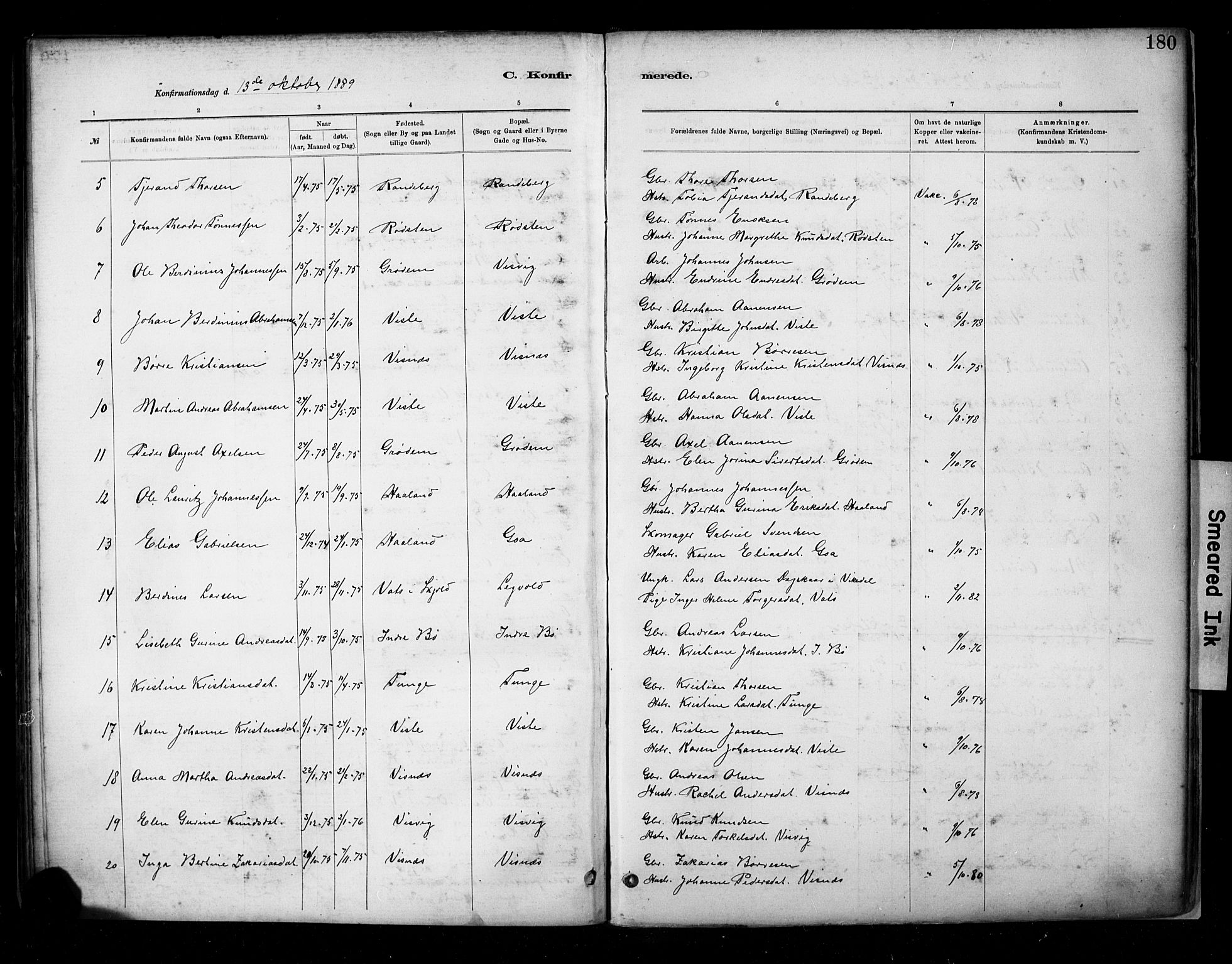 Hetland sokneprestkontor, SAST/A-101826/30/30BA/L0009: Parish register (official) no. A 9, 1882-1918, p. 180