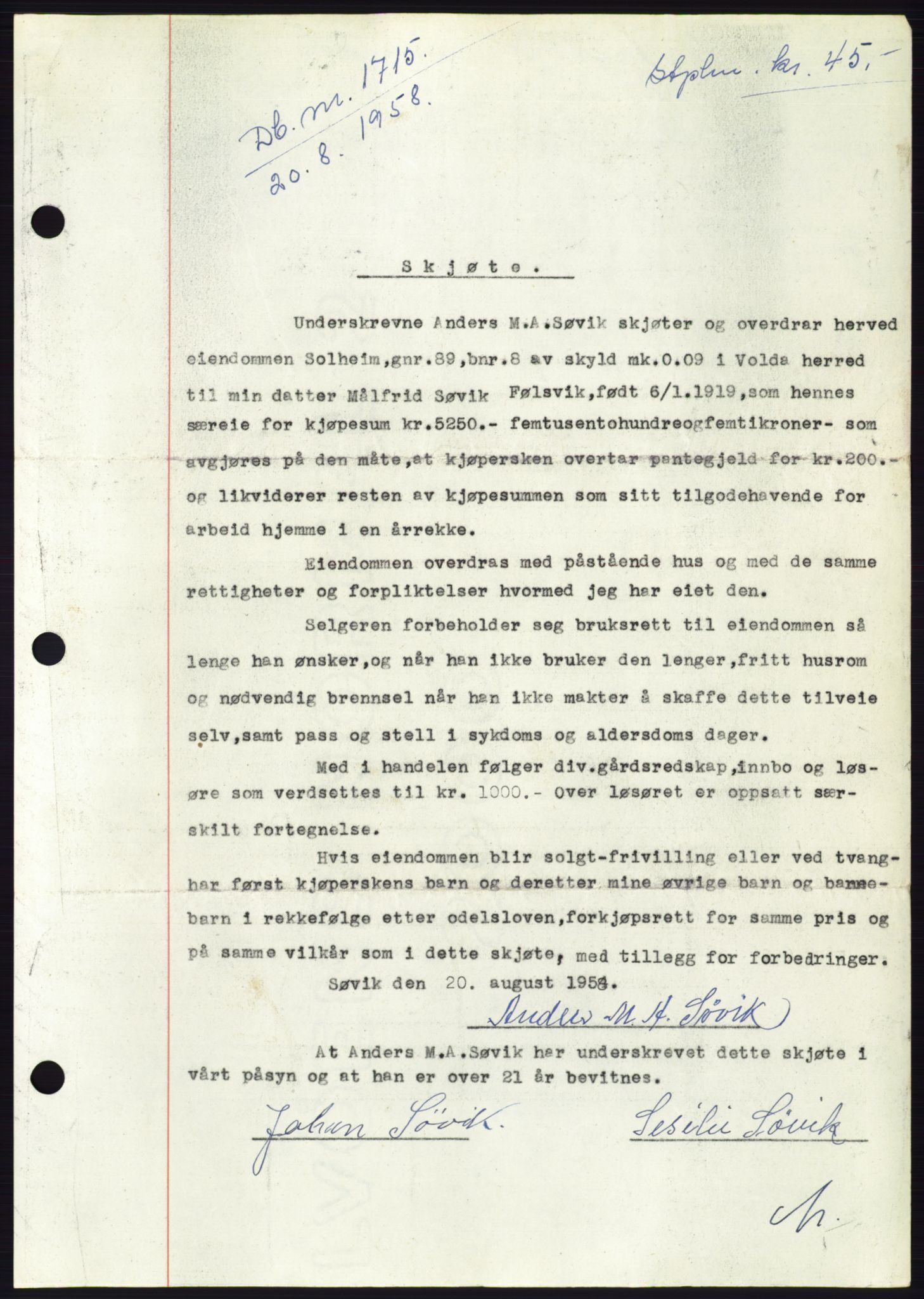 Søre Sunnmøre sorenskriveri, AV/SAT-A-4122/1/2/2C/L0110: Mortgage book no. 36A, 1958-1958, Diary no: : 1715/1958