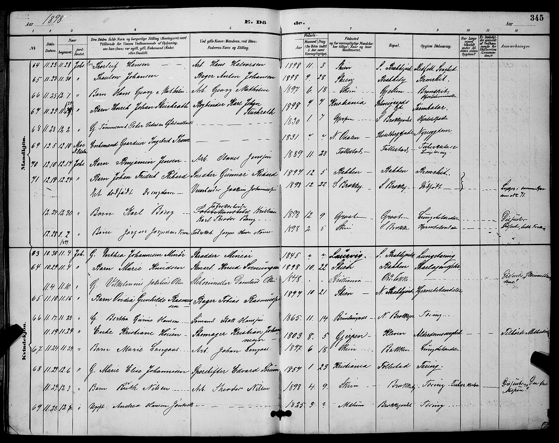 Skien kirkebøker, SAKO/A-302/G/Ga/L0007: Parish register (copy) no. 7, 1891-1900, p. 345