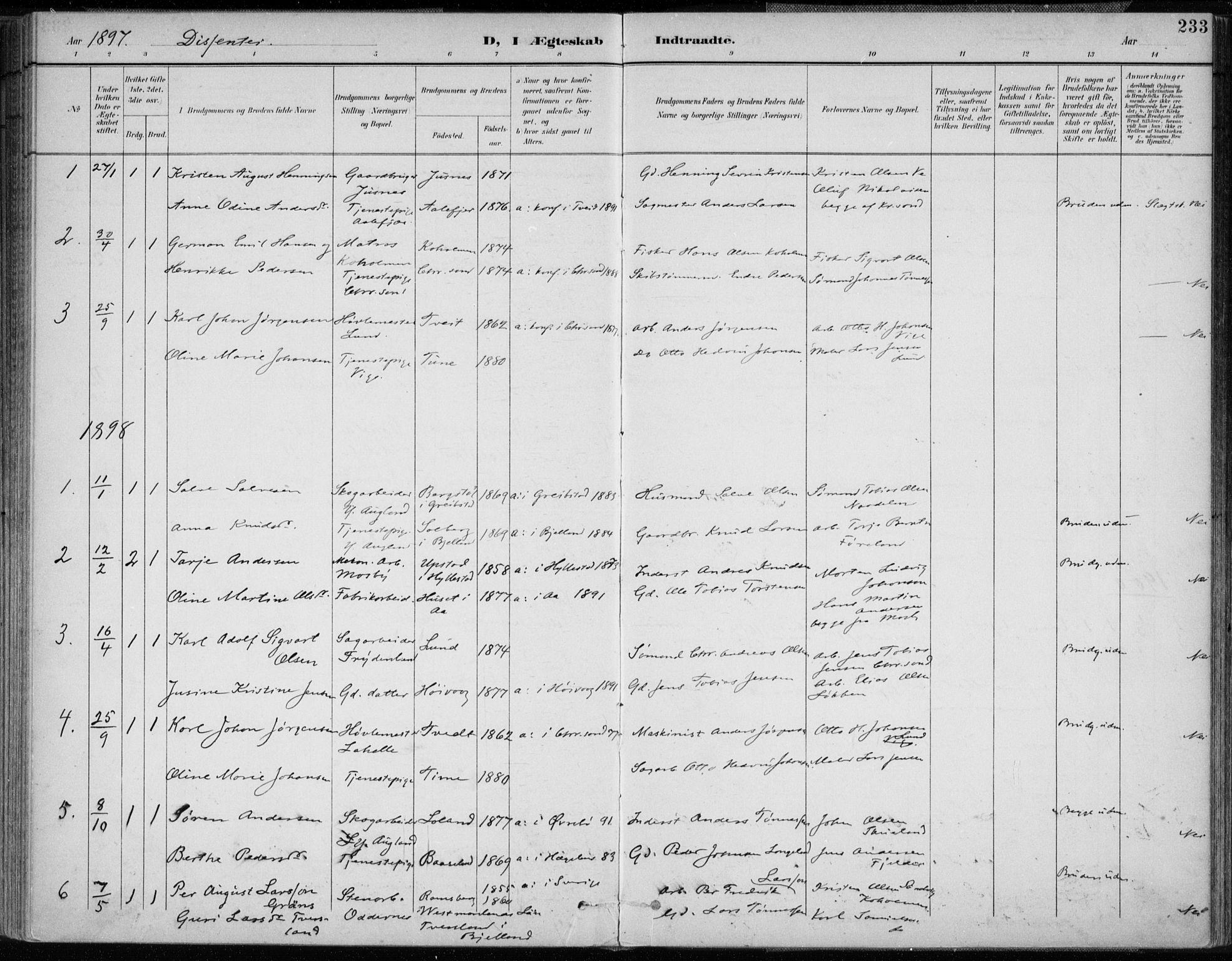 Oddernes sokneprestkontor, AV/SAK-1111-0033/F/Fa/Faa/L0010: Parish register (official) no. A 10, 1897-1911, p. 233