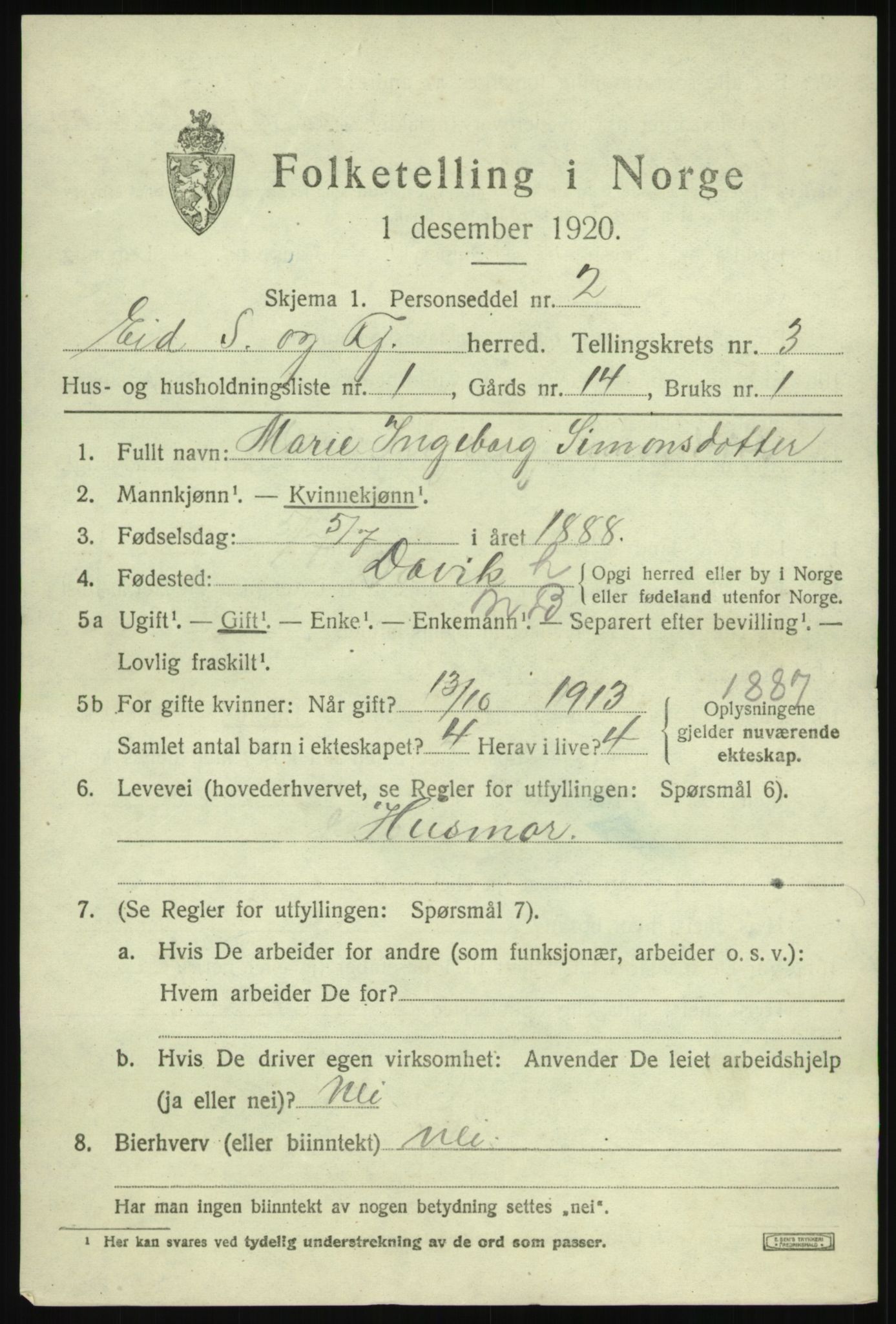 SAB, 1920 census for Eid, 1920, p. 2000