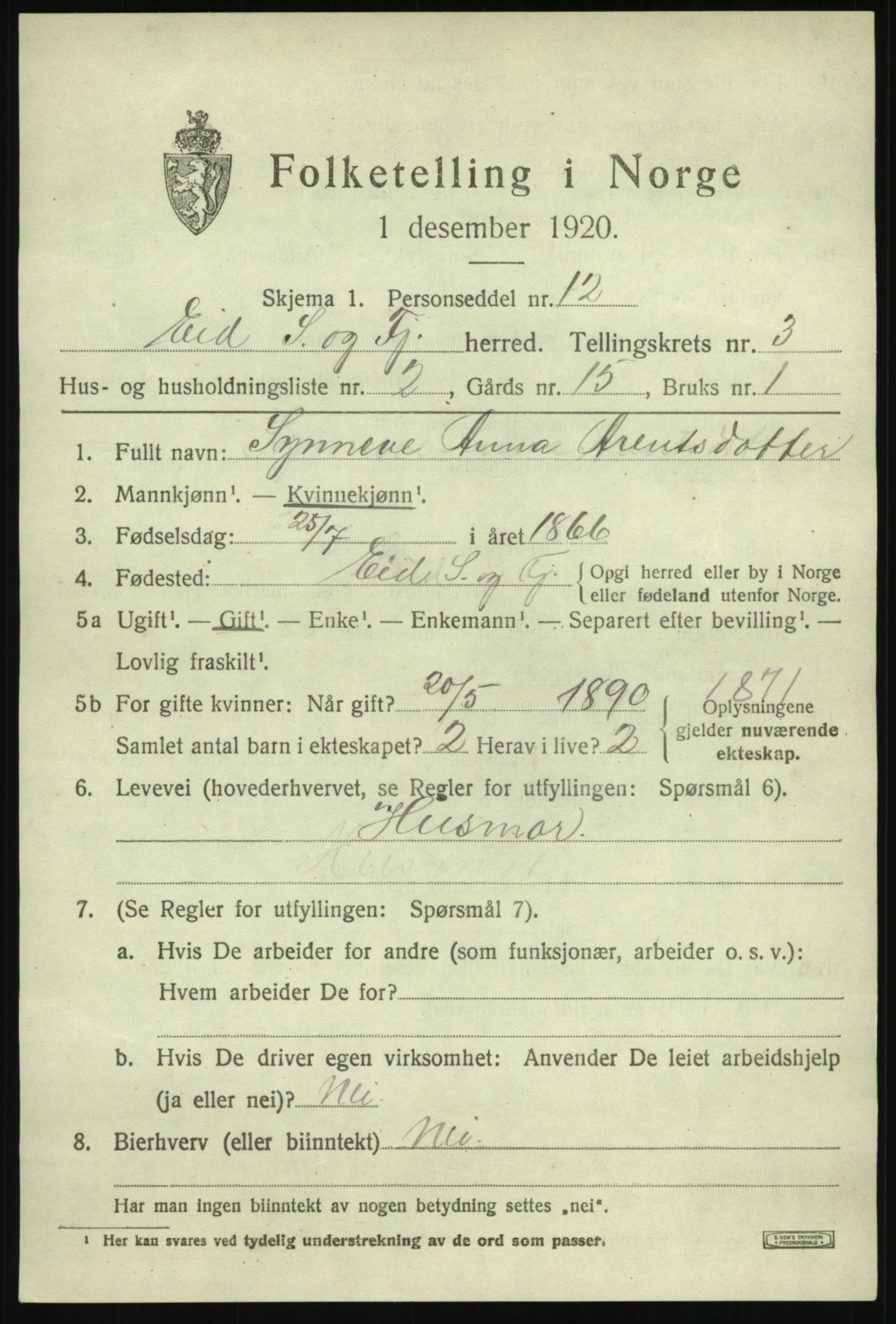 SAB, 1920 census for Eid, 1920, p. 2020