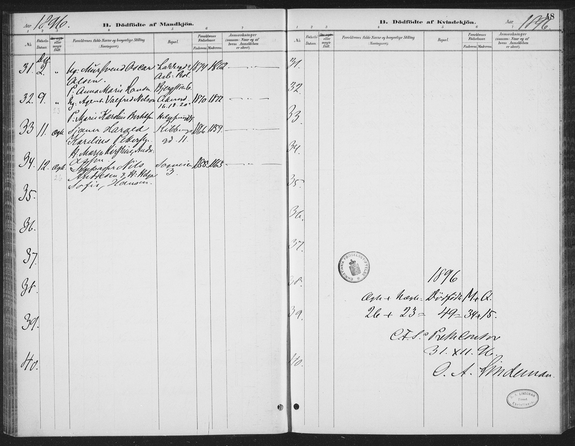 Rikshospitalet prestekontor Kirkebøker, AV/SAO-A-10309b/F/L0010: Parish register (official) no. 10, 1888-1912, p. 48