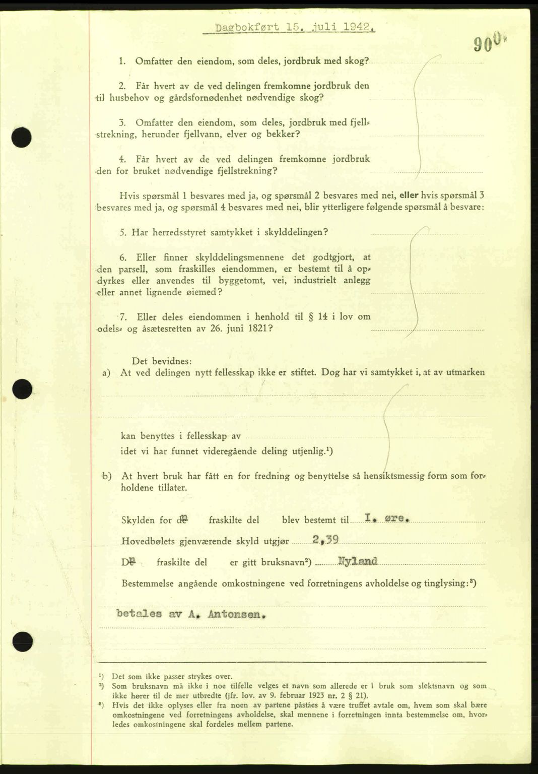 Steigen og Ofoten sorenskriveri, AV/SAT-A-0030/1/2/2C: Mortgage book no. A9-12, 1942-1946, Diary no: : 1587/1942