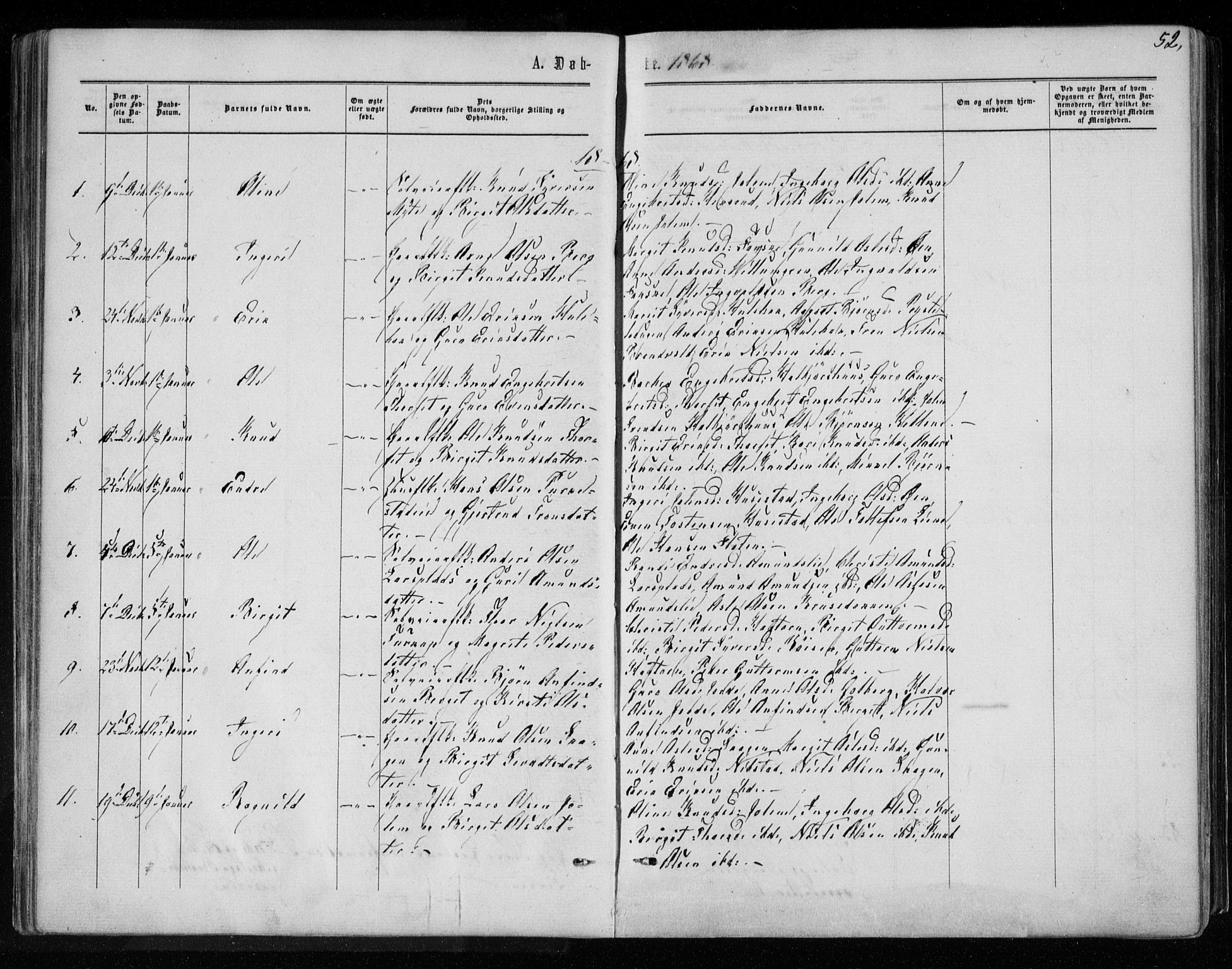 Gol kirkebøker, AV/SAKO-A-226/F/Fa/L0003: Parish register (official) no. I 3, 1863-1875, p. 52