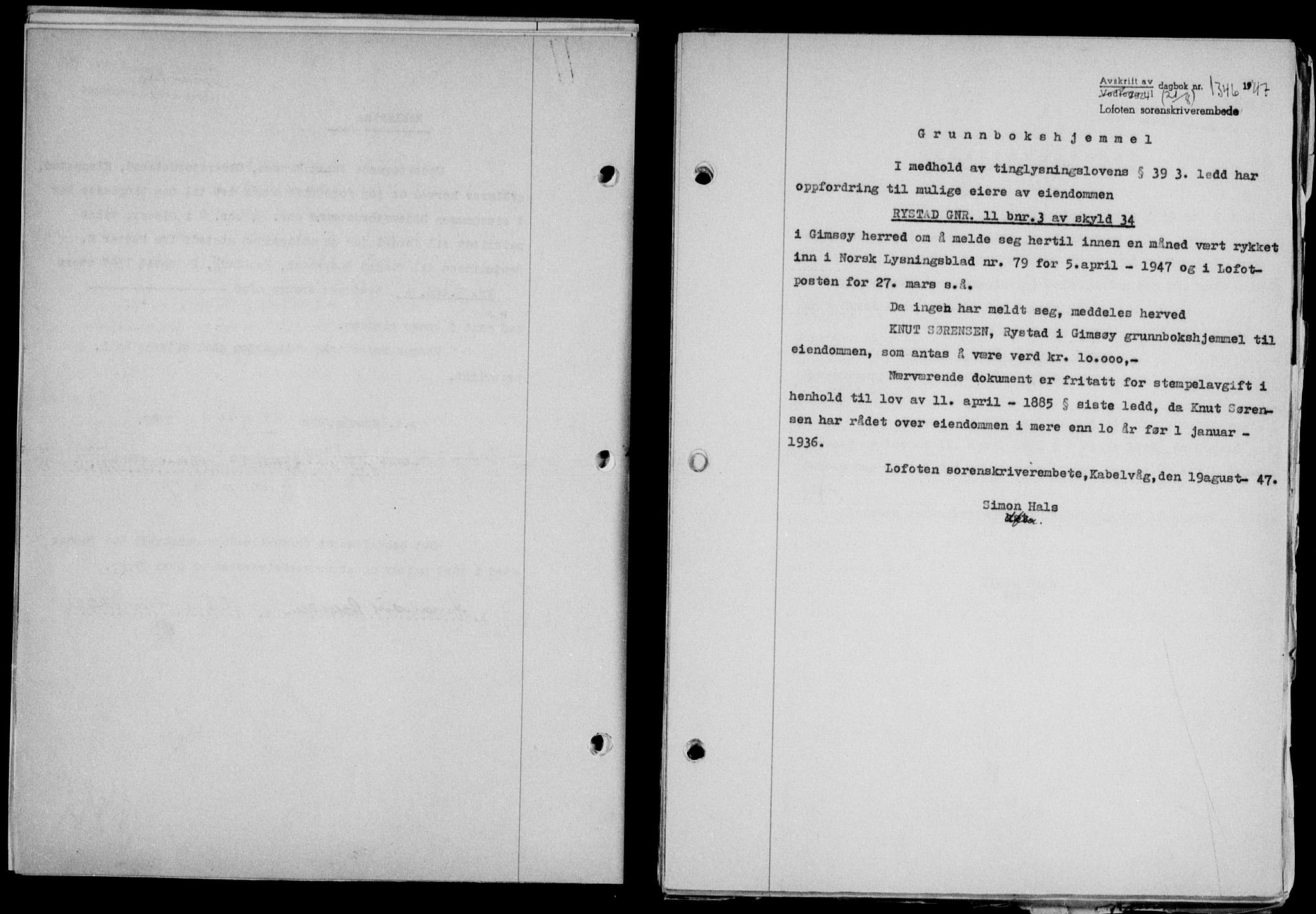 Lofoten sorenskriveri, SAT/A-0017/1/2/2C/L0016a: Mortgage book no. 16a, 1947-1947, Diary no: : 1346/1947