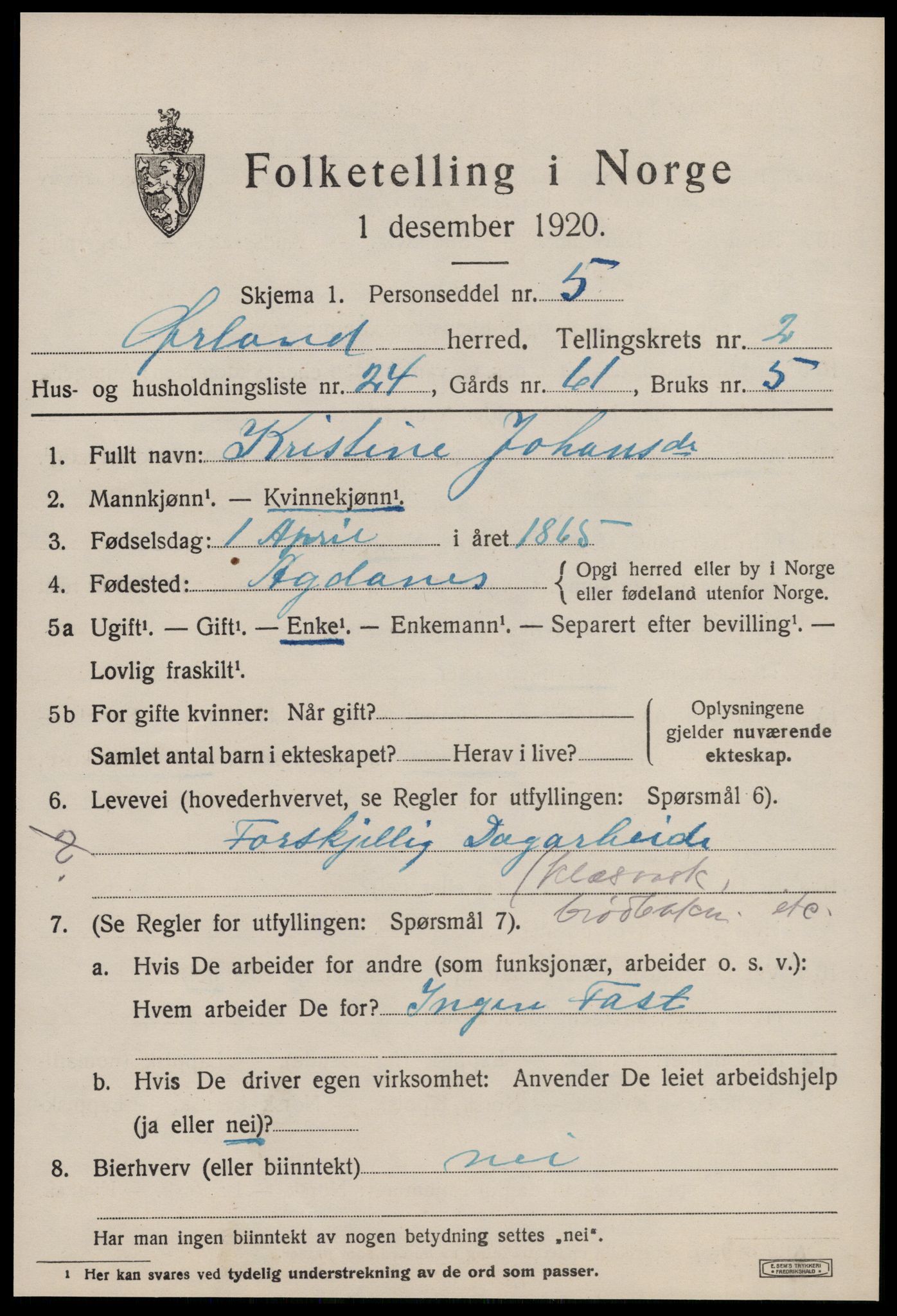 SAT, 1920 census for Ørland, 1920, p. 2461