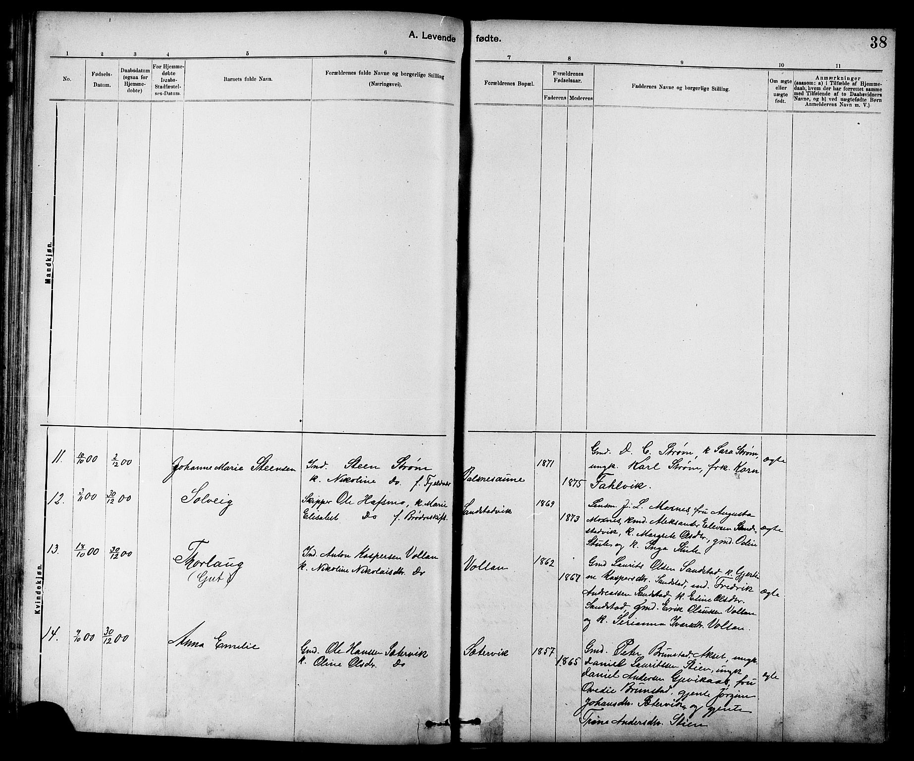 Ministerialprotokoller, klokkerbøker og fødselsregistre - Sør-Trøndelag, SAT/A-1456/639/L0573: Parish register (copy) no. 639C01, 1890-1905, p. 38
