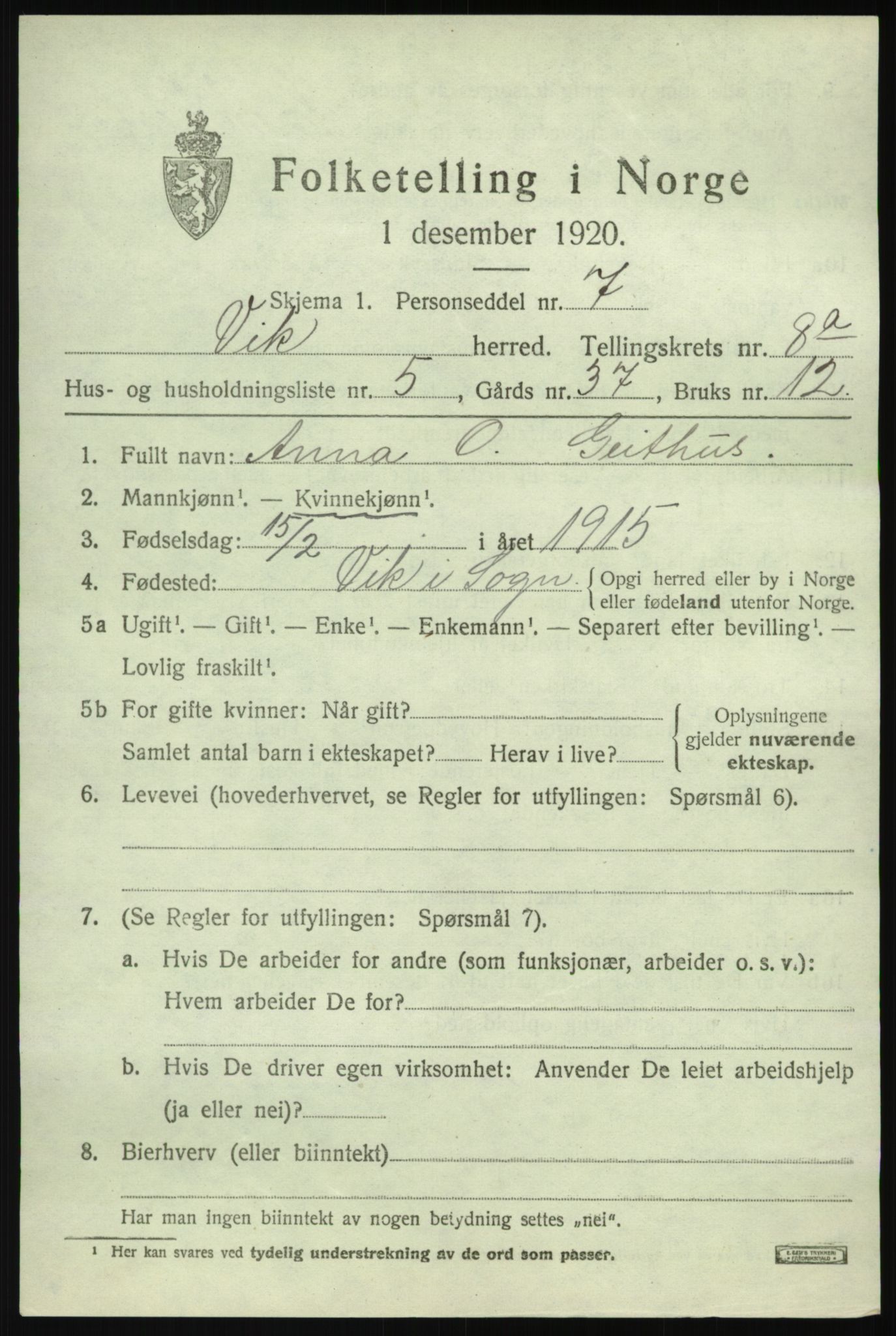 SAB, 1920 census for Vik, 1920, p. 5441
