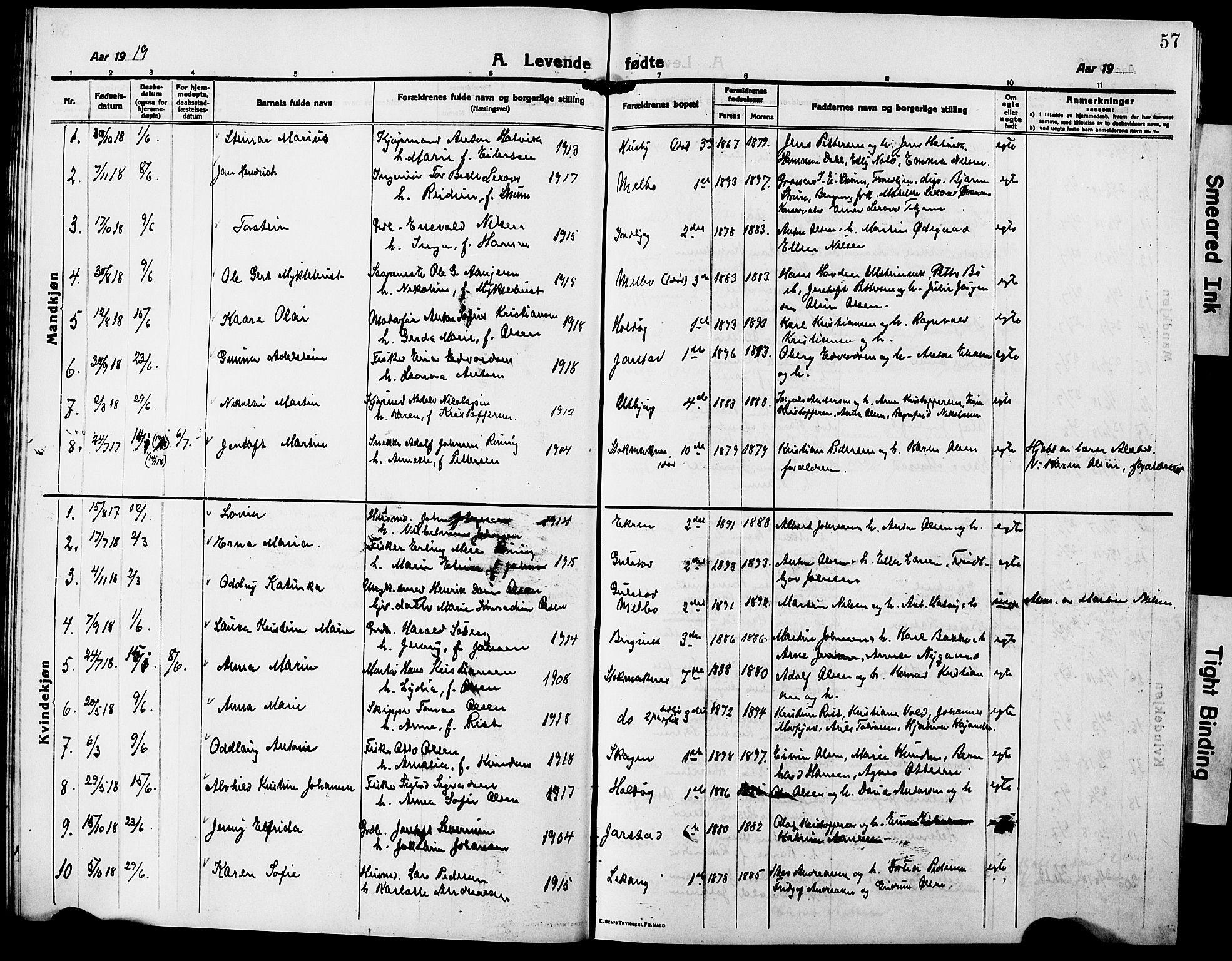 Ministerialprotokoller, klokkerbøker og fødselsregistre - Nordland, AV/SAT-A-1459/888/L1269: Parish register (copy) no. 888C07, 1913-1927, p. 57