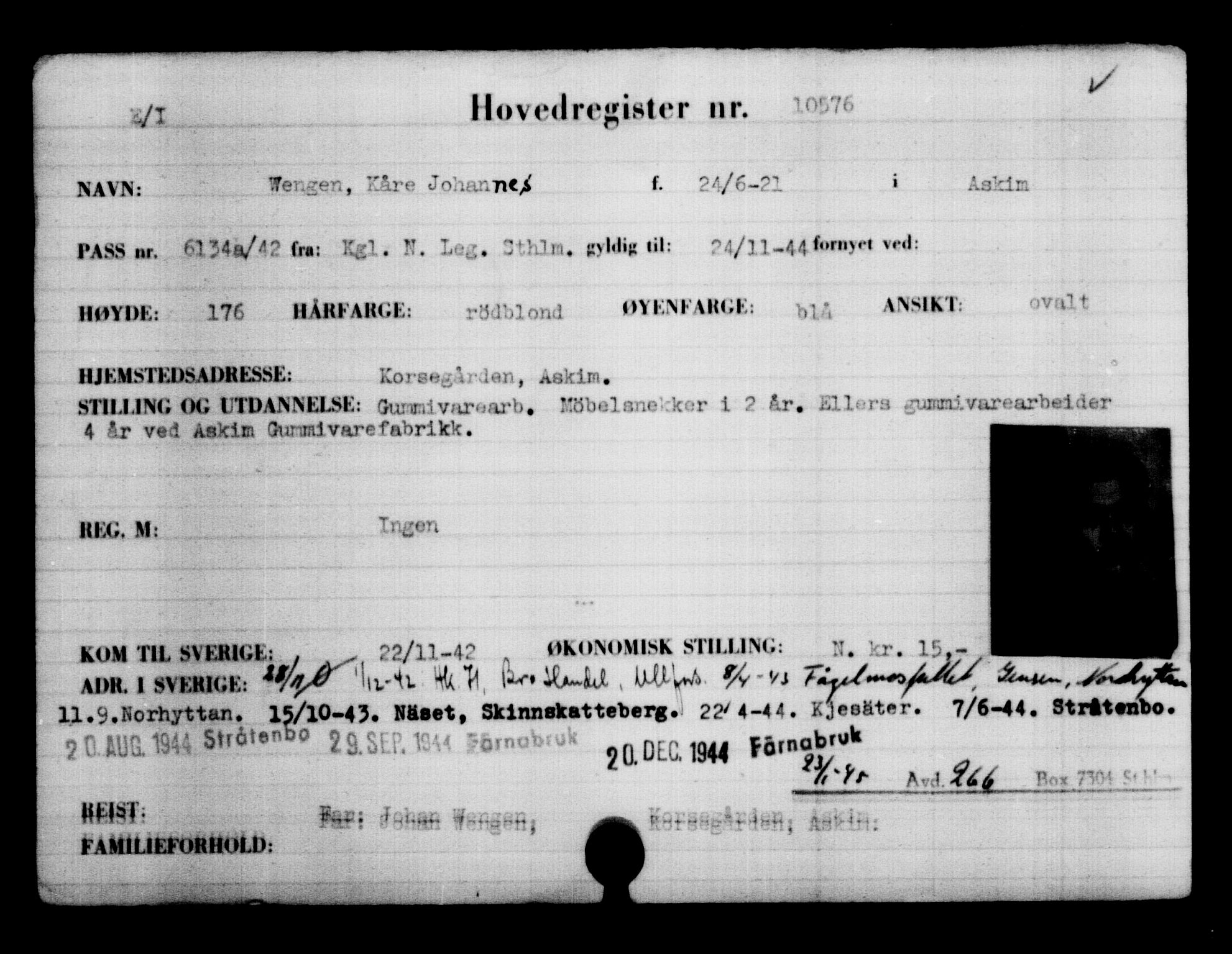 Utenriksstasjonene, Legasjonen i Stockholm, Flyktningkontoret, AV/RA-S-6753/V/Va/L0006: Kjesäterkartoteket, flyktninger med registreringsnr. 9400-12711, 1940-1945, p. 1354