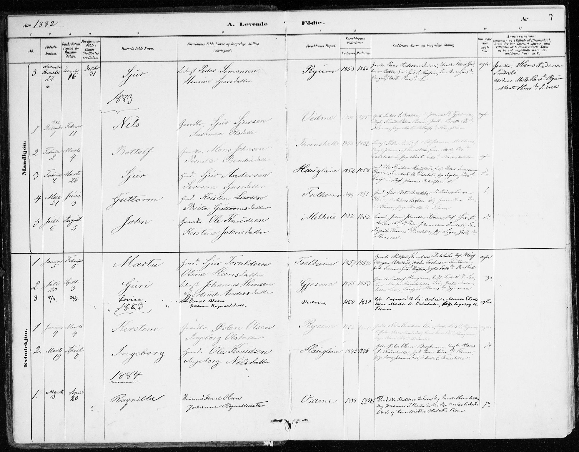 Aurland sokneprestembete, AV/SAB-A-99937/H/Ha/Hac/L0001: Parish register (official) no. C 1, 1880-1921, p. 7