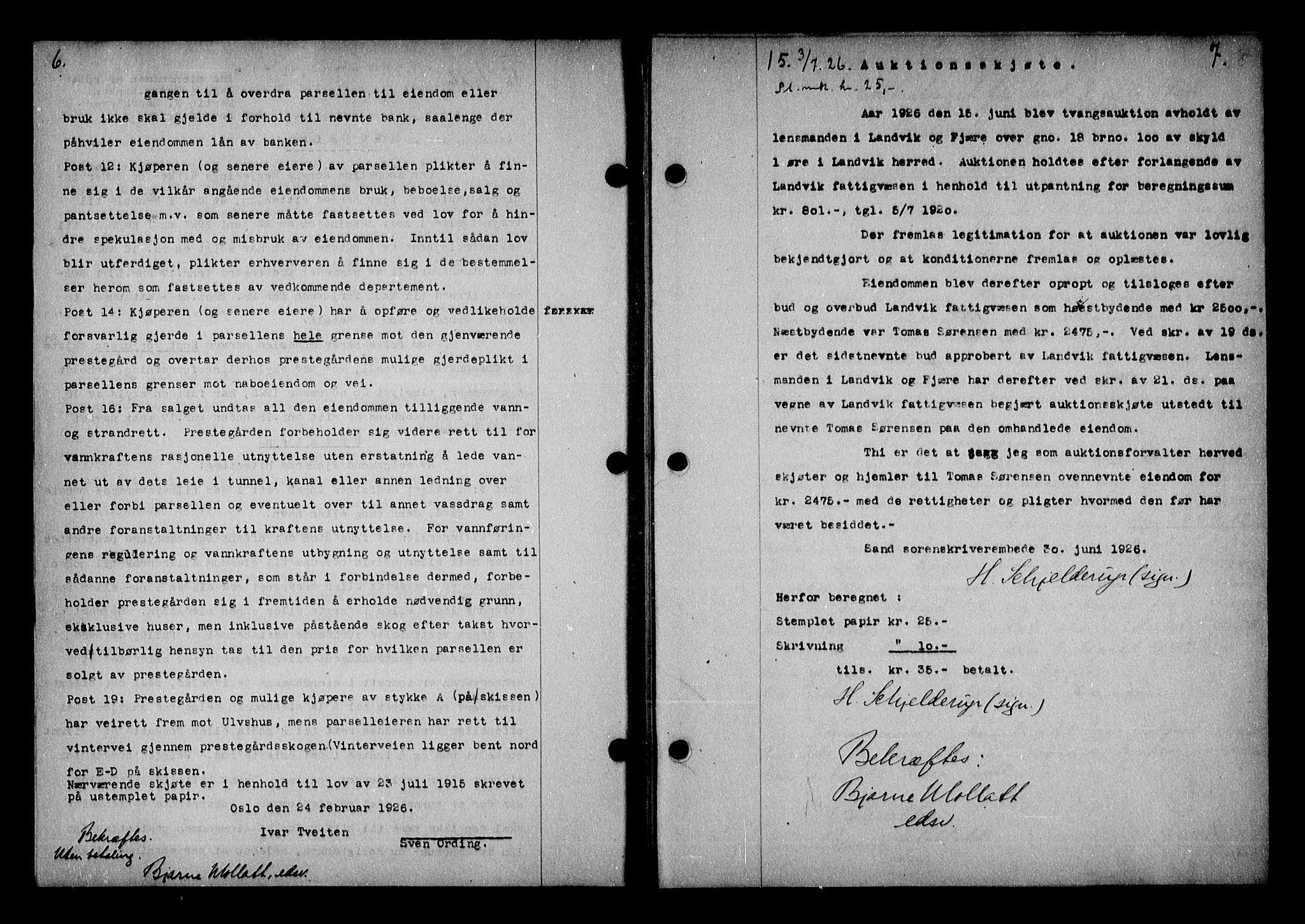 Vestre Nedenes/Sand sorenskriveri, AV/SAK-1221-0010/G/Gb/Gba/L0036: Mortgage book no. 62, 1926-1928, p. 6-7