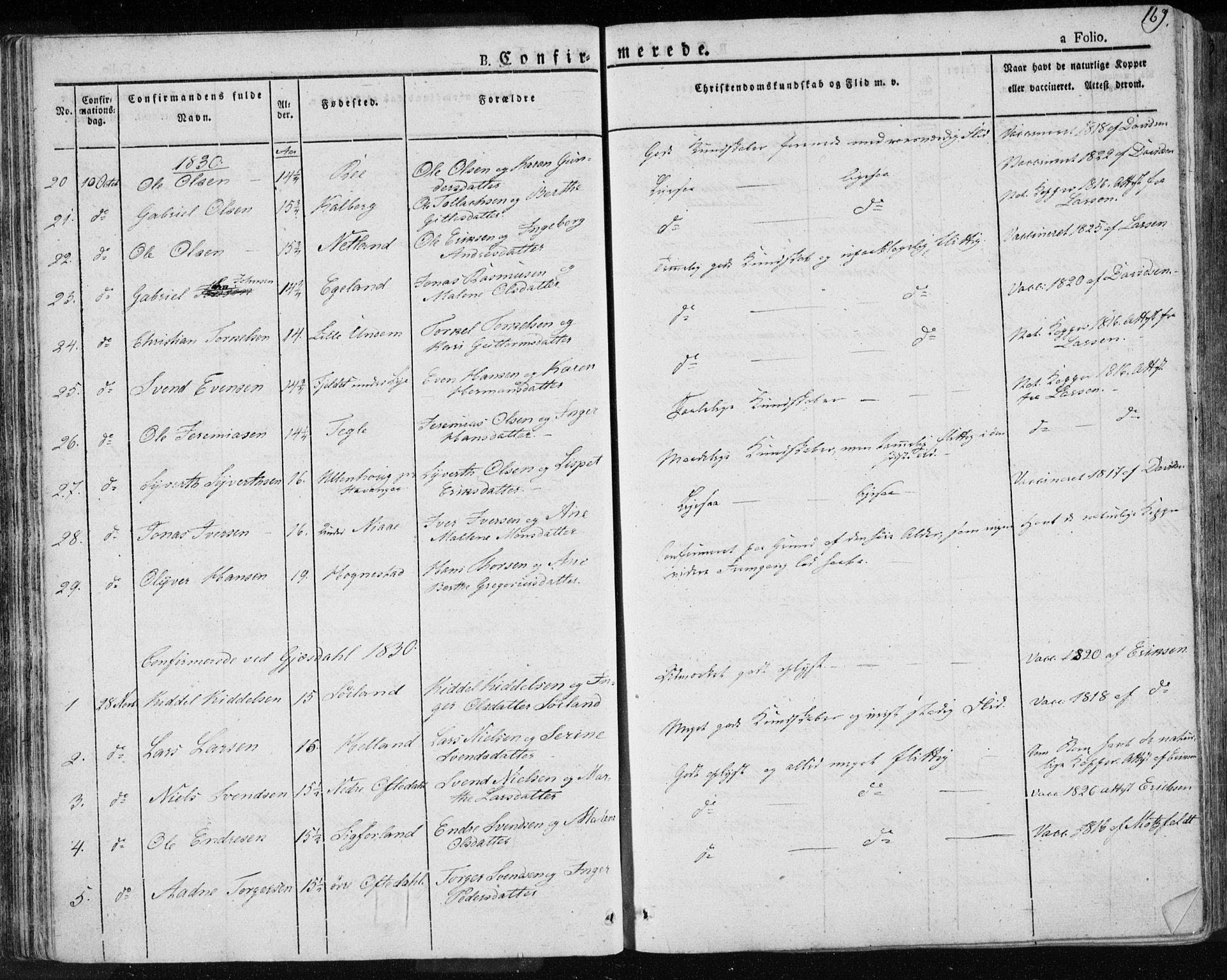 Lye sokneprestkontor, AV/SAST-A-101794/001/30BA/L0004: Parish register (official) no. A 4, 1826-1841, p. 169