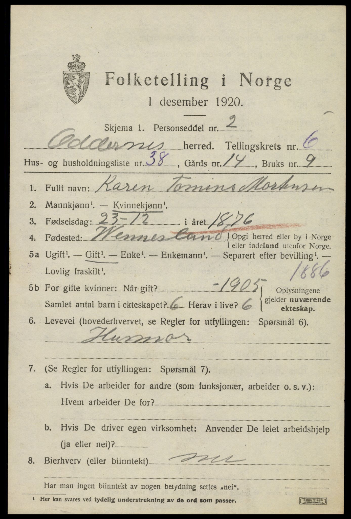 SAK, 1920 census for Oddernes, 1920, p. 5373