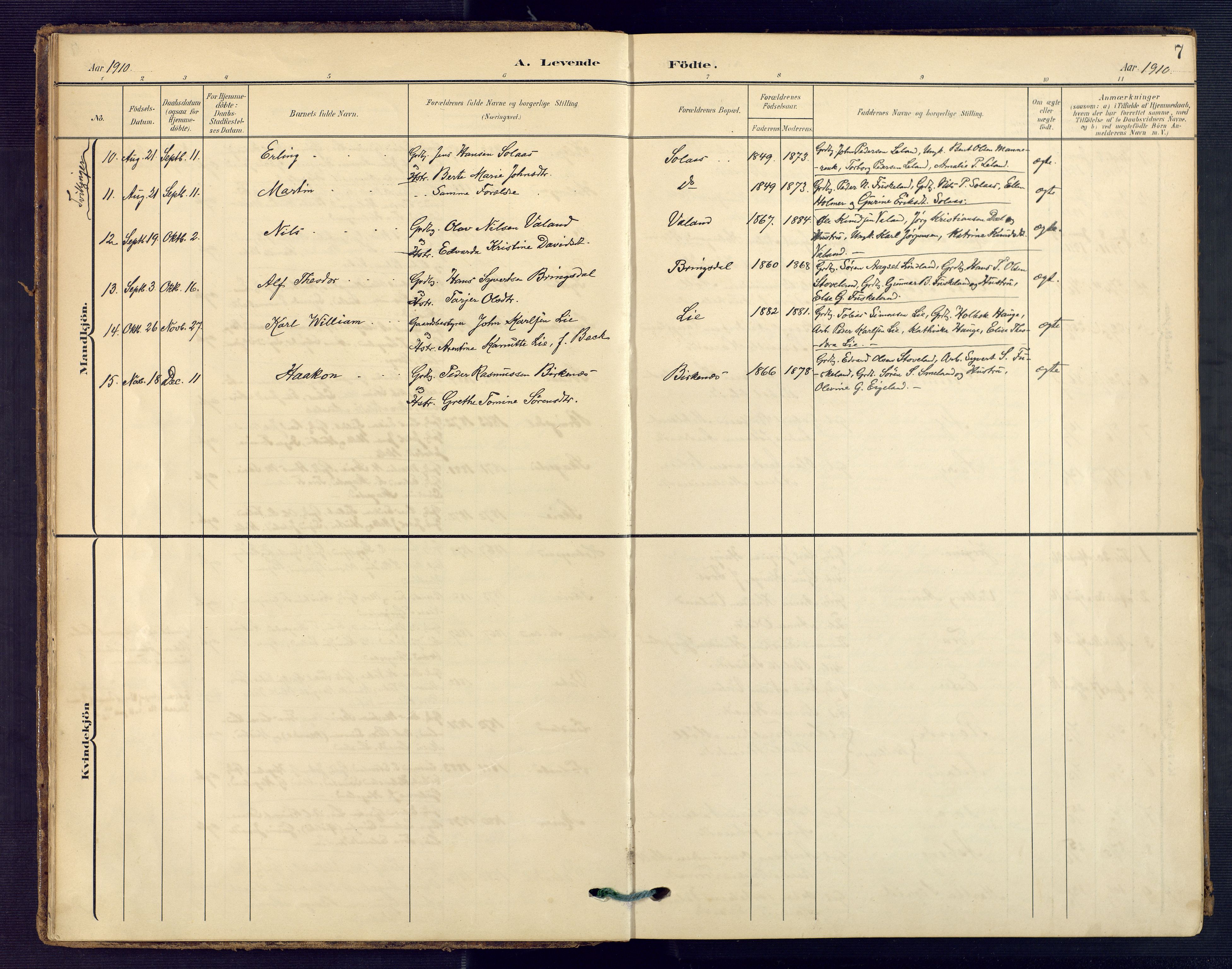 Holum sokneprestkontor, SAK/1111-0022/F/Fa/Faa/L0008: Parish register (official) no. A 8, 1908-1929, p. 7