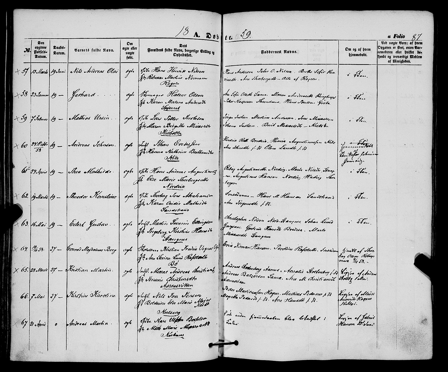 Trondenes sokneprestkontor, SATØ/S-1319/H/Ha/L0011kirke: Parish register (official) no. 11, 1853-1862, p. 87