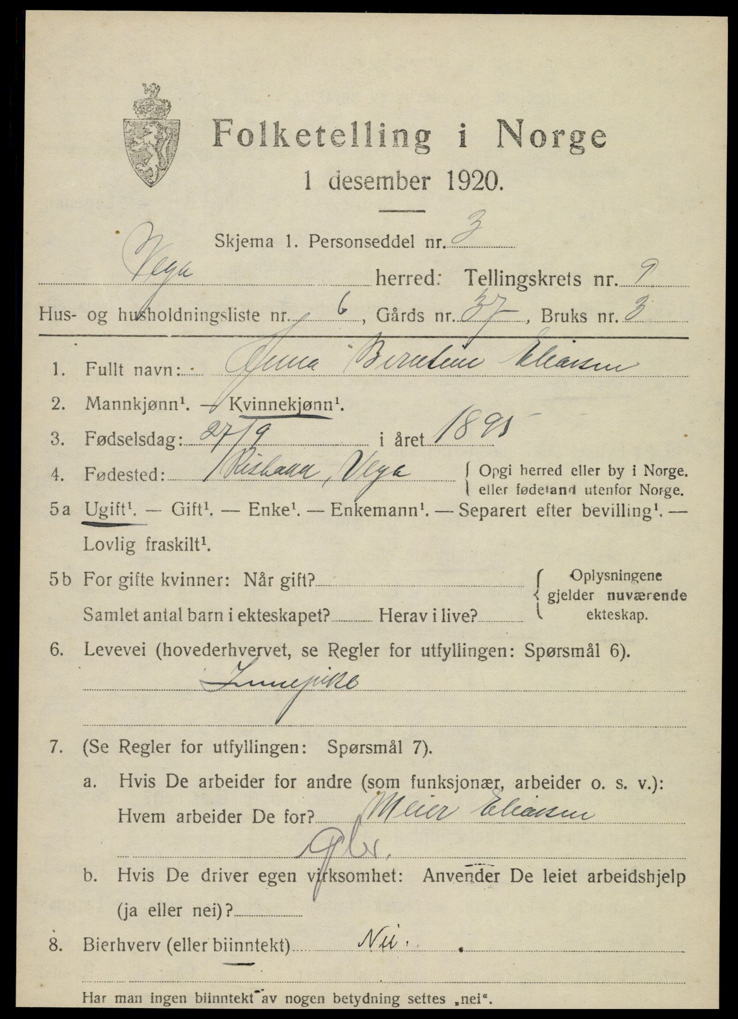 SAT, 1920 census for Vega, 1920, p. 4579