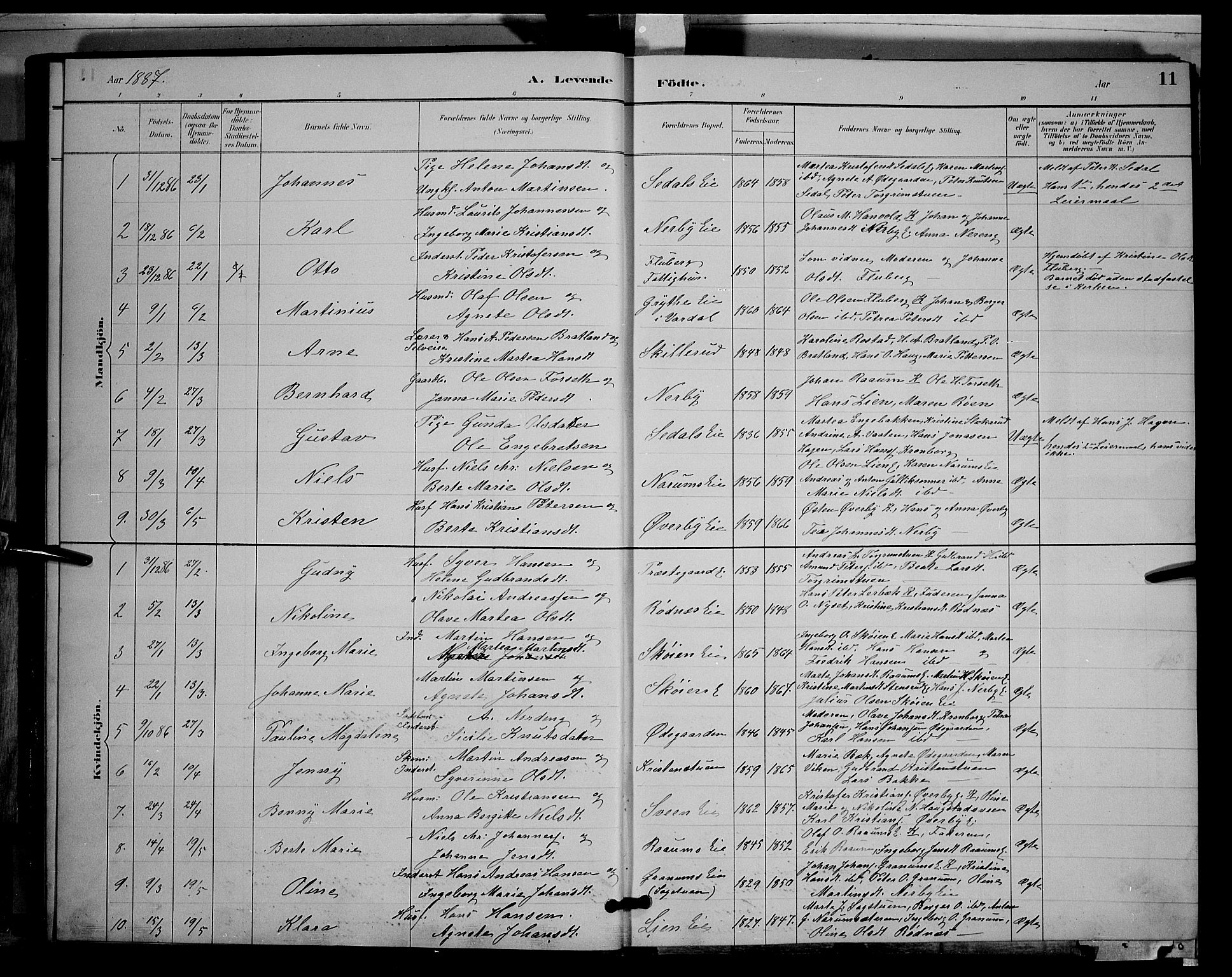 Søndre Land prestekontor, AV/SAH-PREST-122/L/L0003: Parish register (copy) no. 3, 1884-1902, p. 11