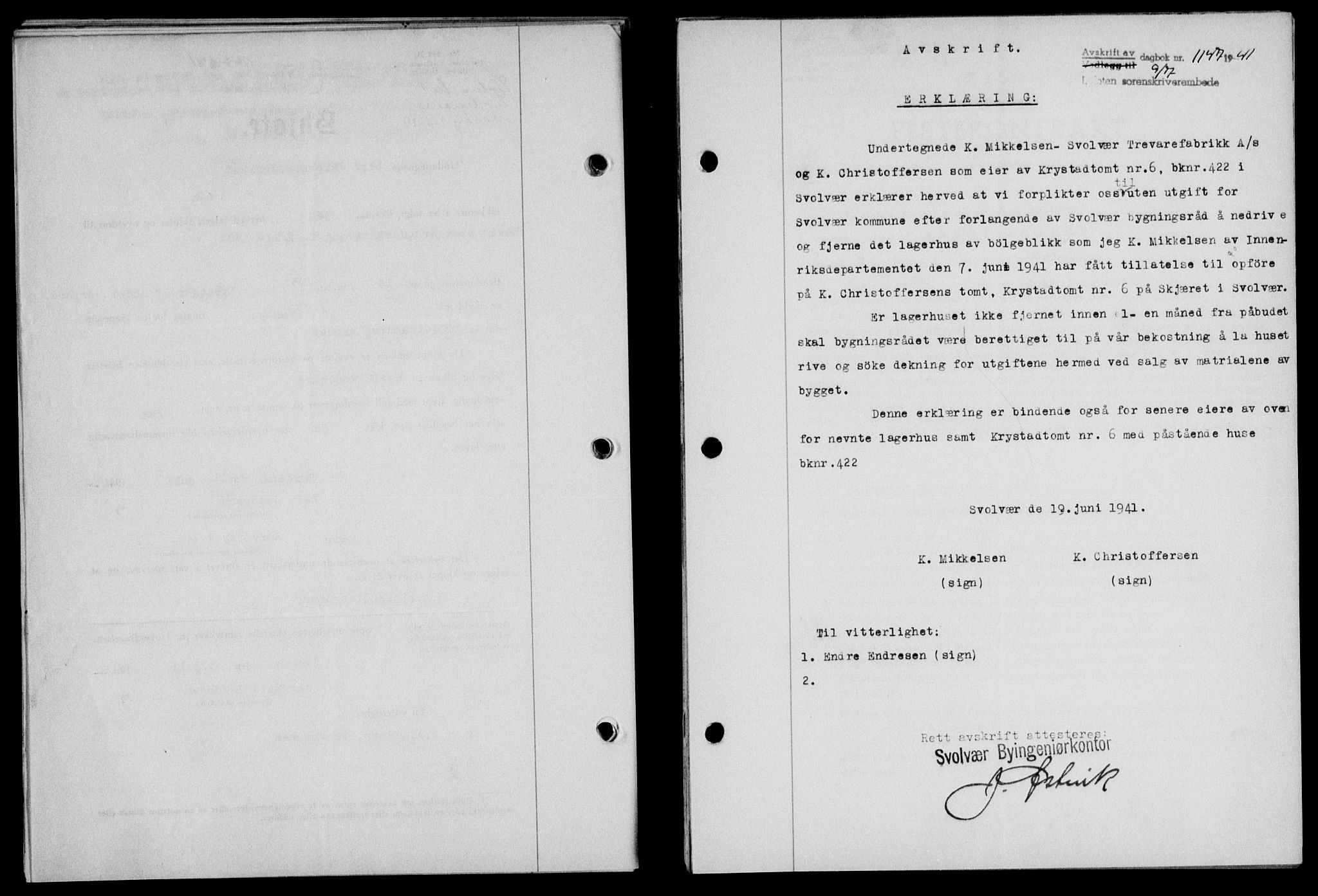 Lofoten sorenskriveri, SAT/A-0017/1/2/2C/L0008a: Mortgage book no. 8a, 1940-1941, Diary no: : 1147/1941